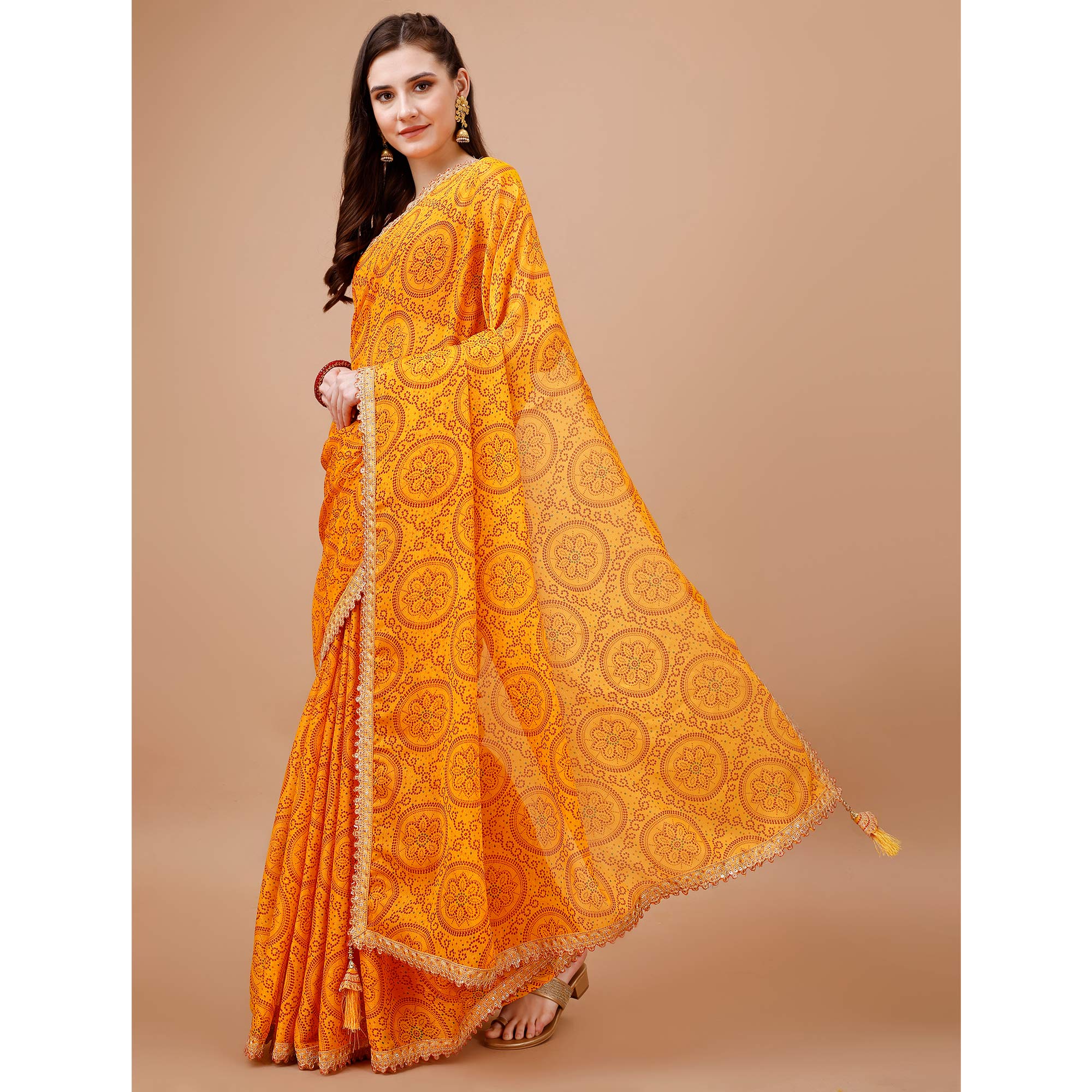 Yellow Bandhani Printed Chiffon Saree