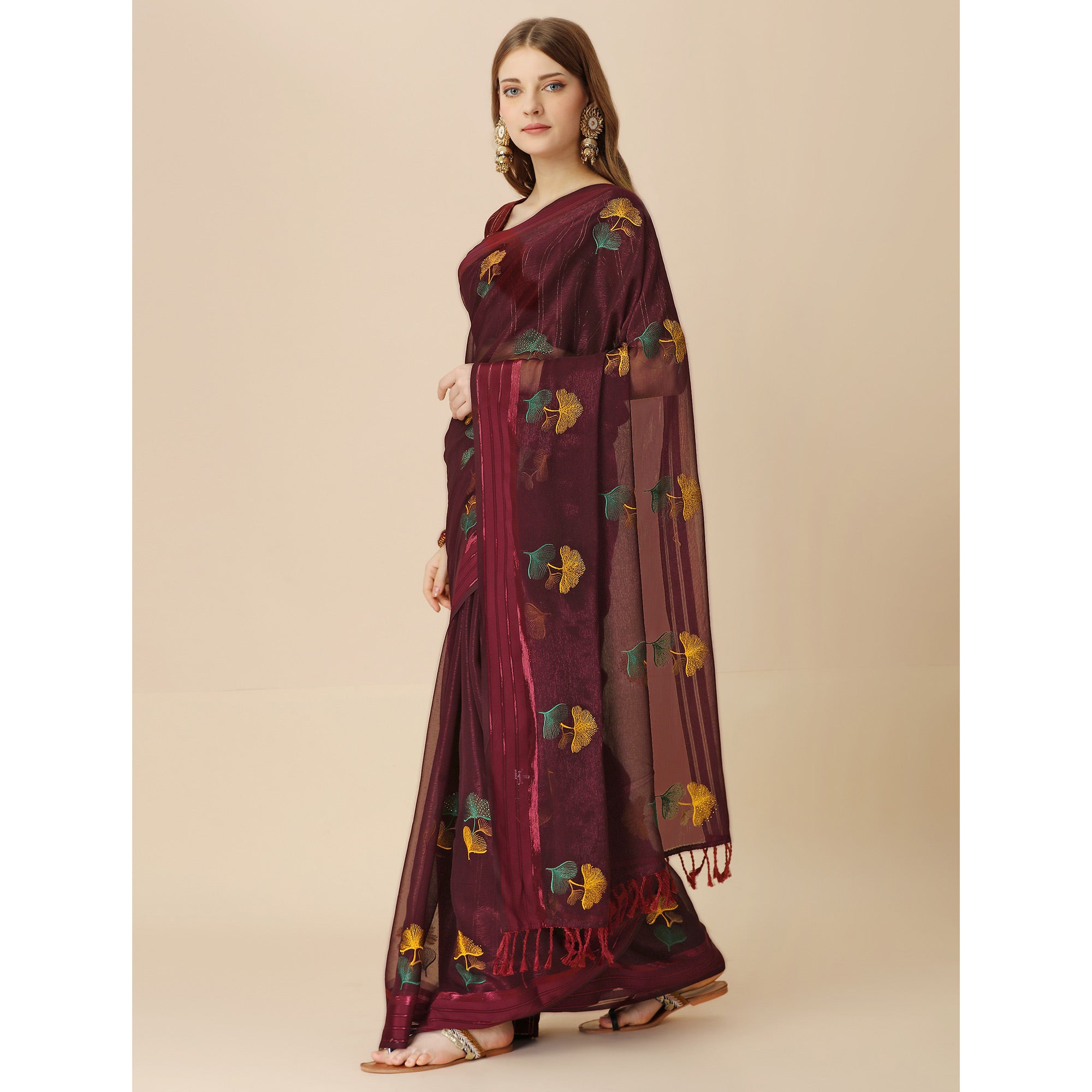 Maroon Floral Embroidered Chiffon Saree With With Tassels