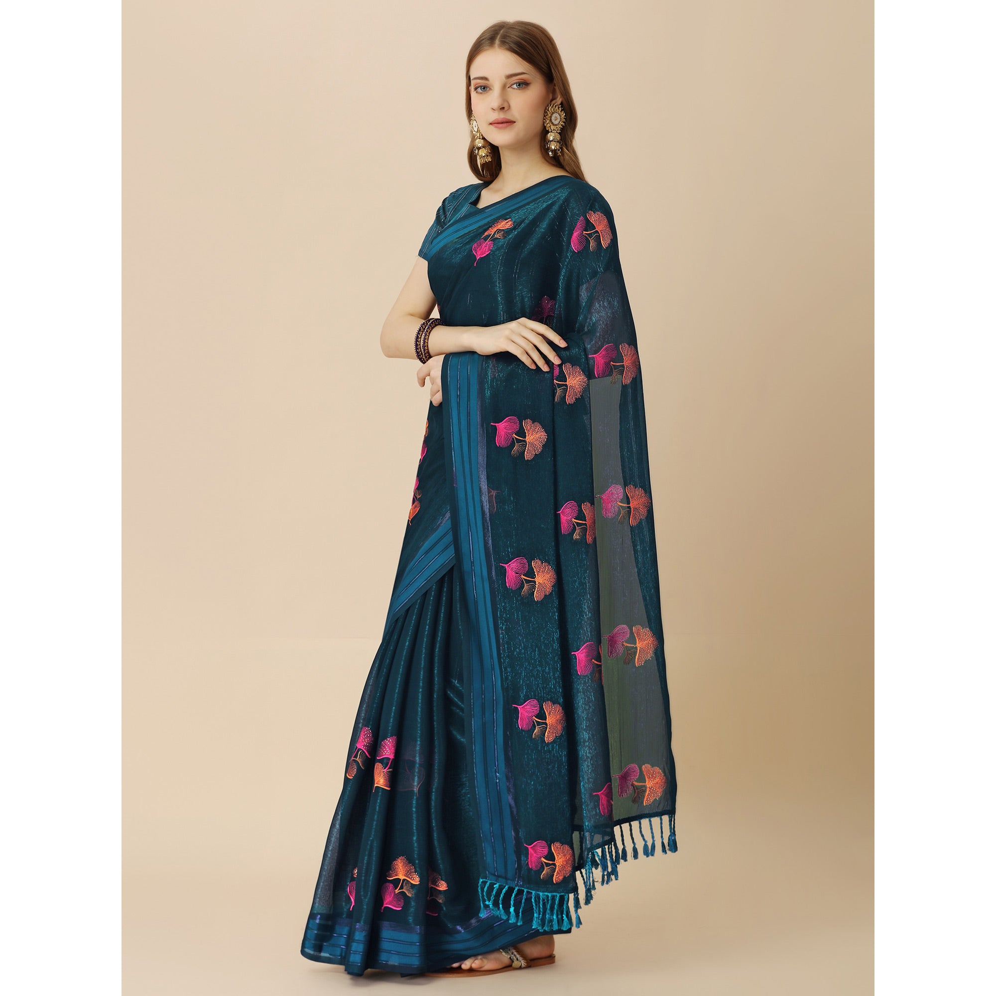 Dark Blue Floral Embroidered Chiffon Saree With With Tassels