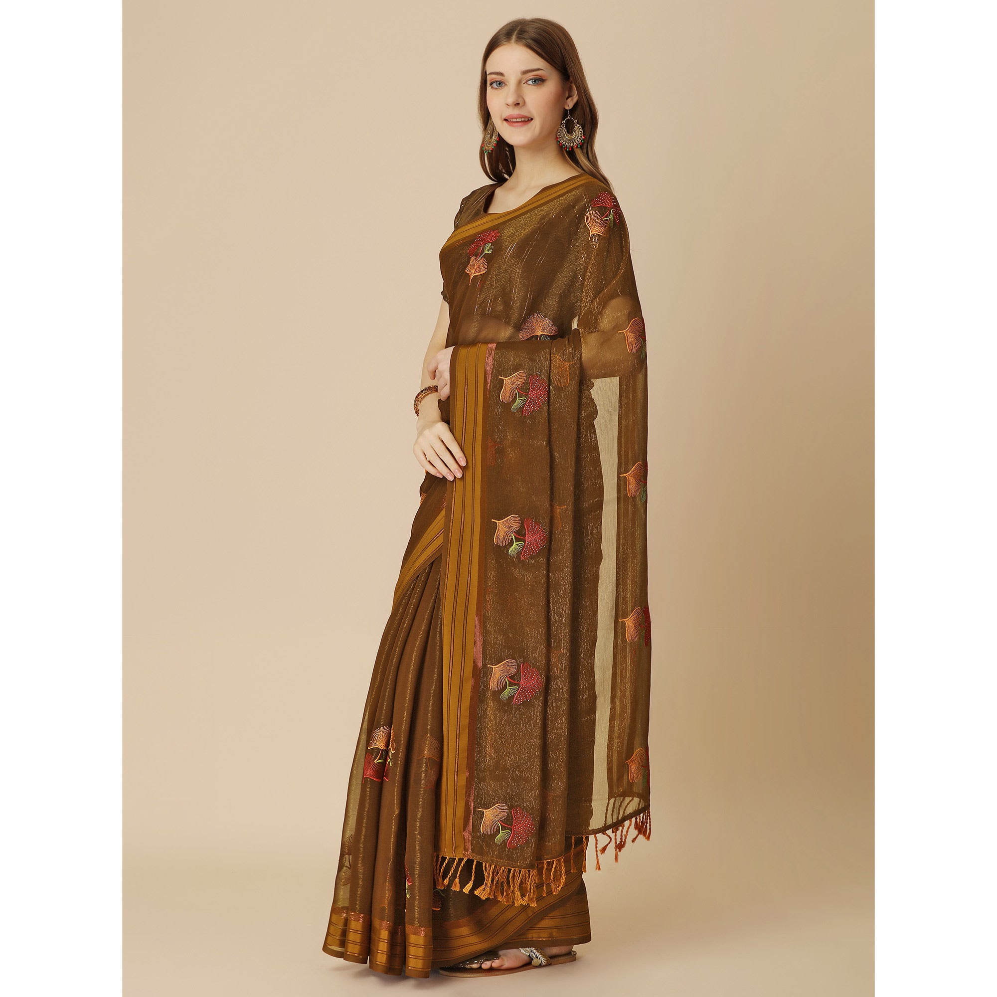 Brown Floral Embroidered Chiffon Saree With With Tassels