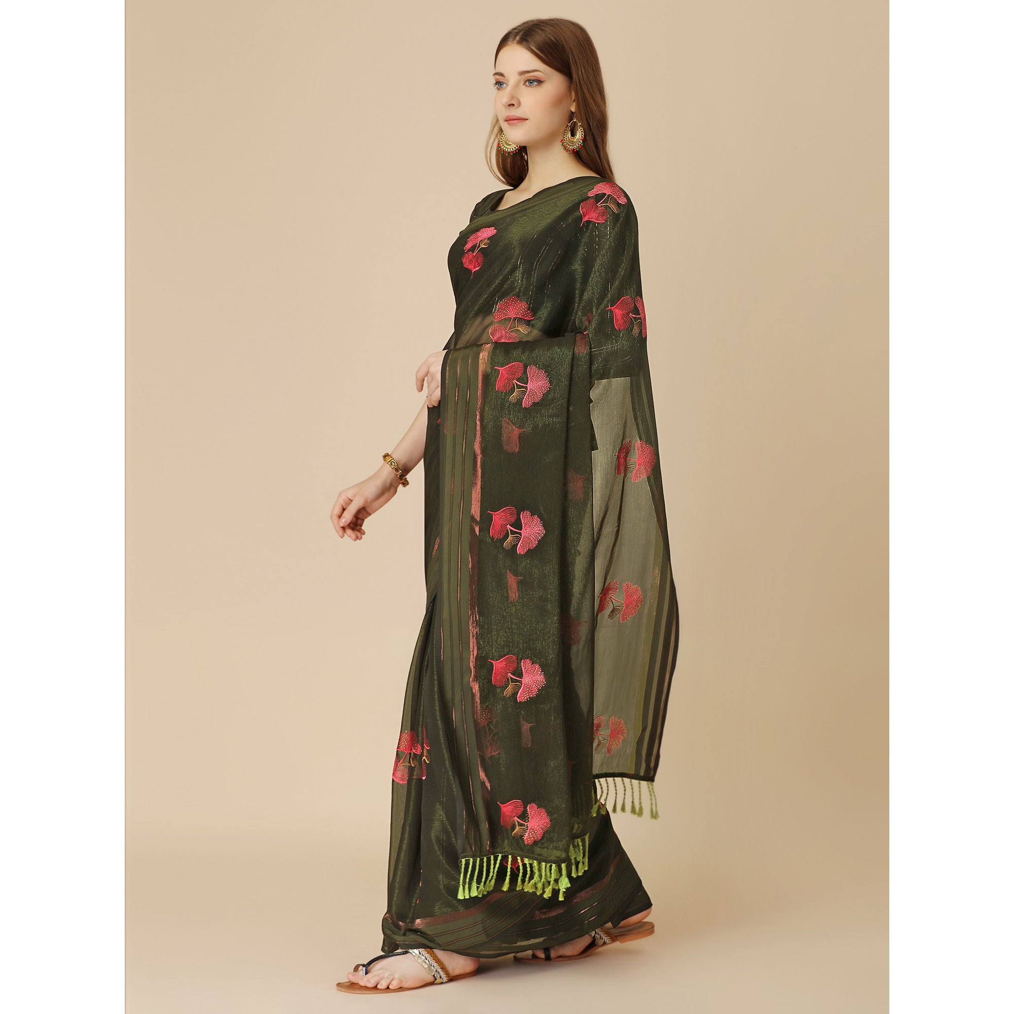 Mehendi Green Floral Embroidered Chiffon Saree With With Tassels