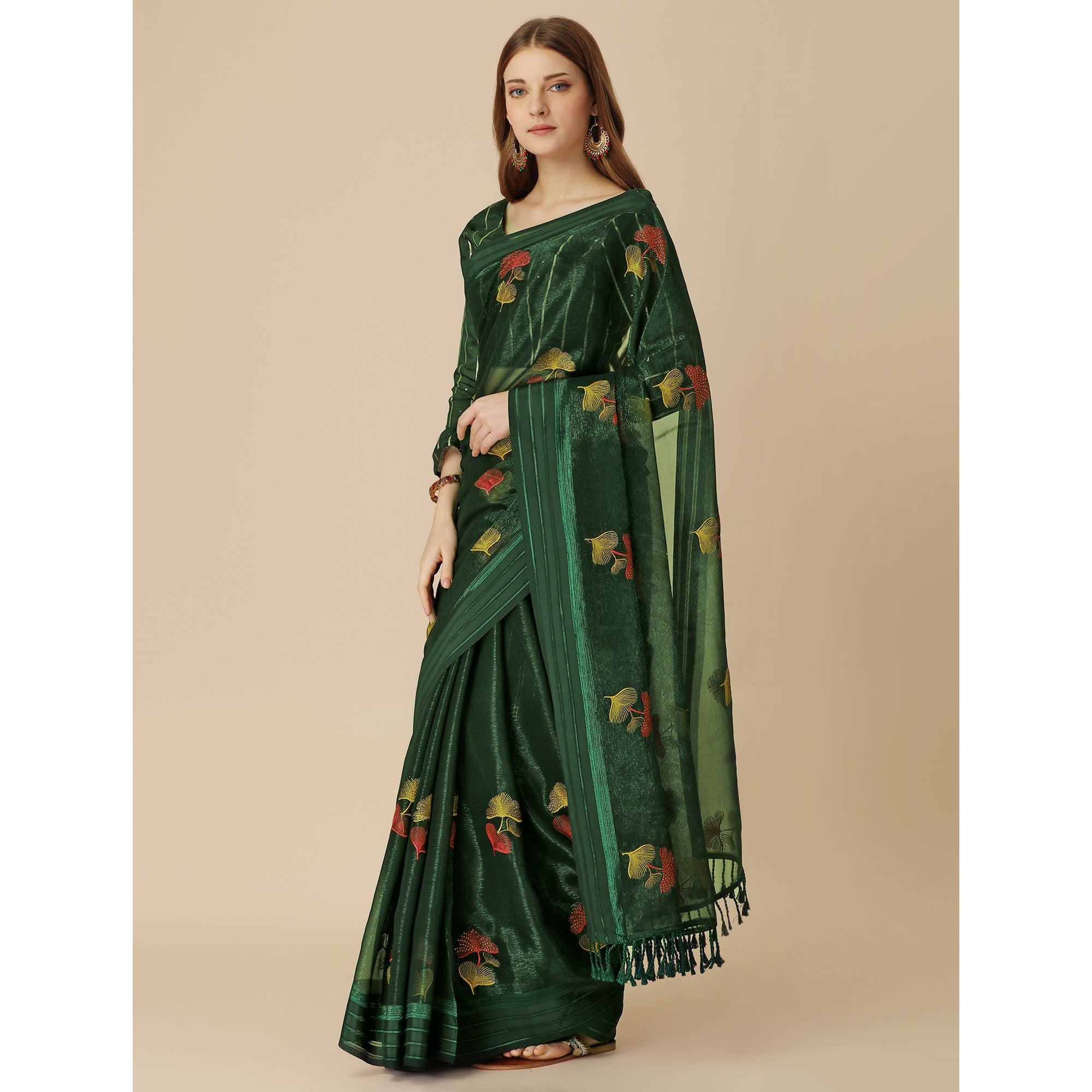 Green Floral Embroidered Chiffon Saree With With Tassels