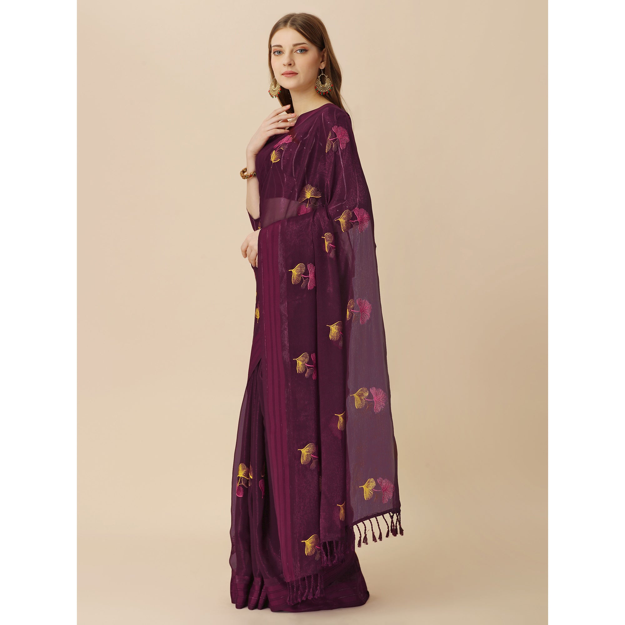 Wine Floral Embroidered Chiffon Saree With With Tassels