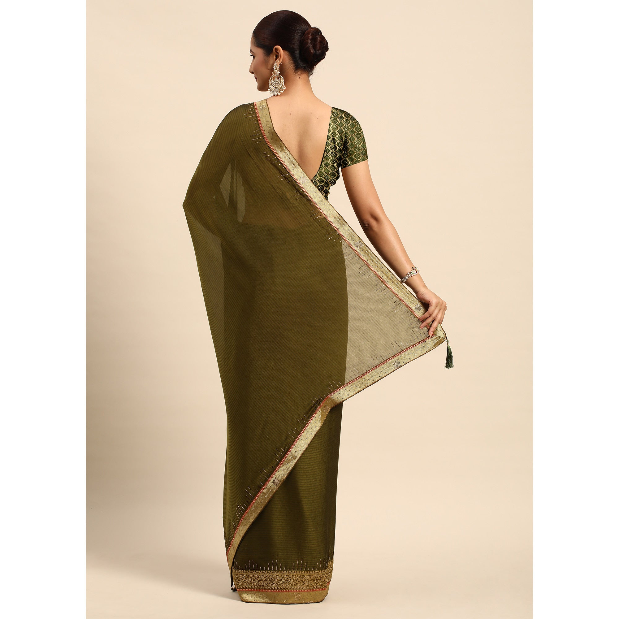 Mehendi Green Swarovski With Fancy Border Satin Silk Saree