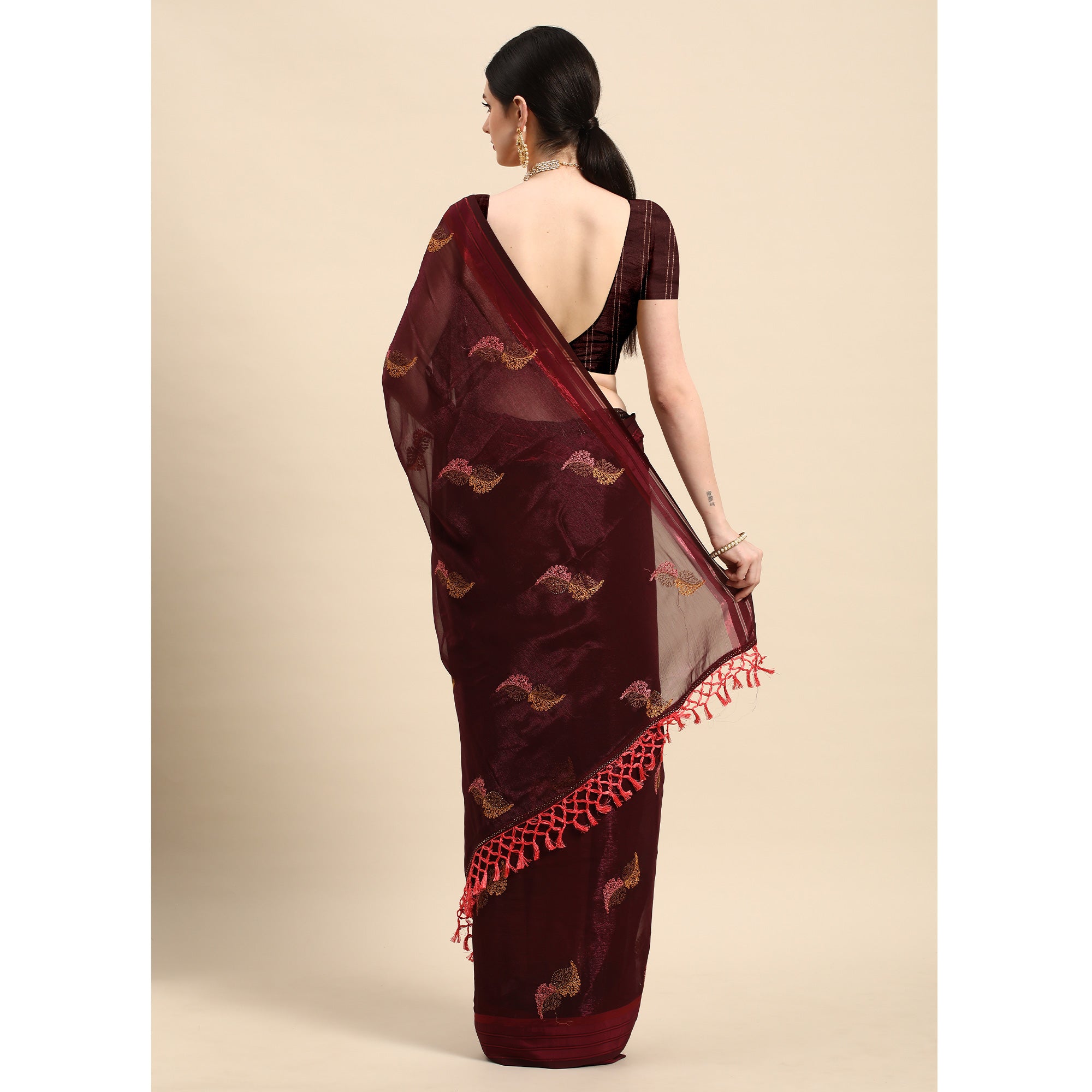 Wine Swarovski With Embroidery Work Chiffon Saree