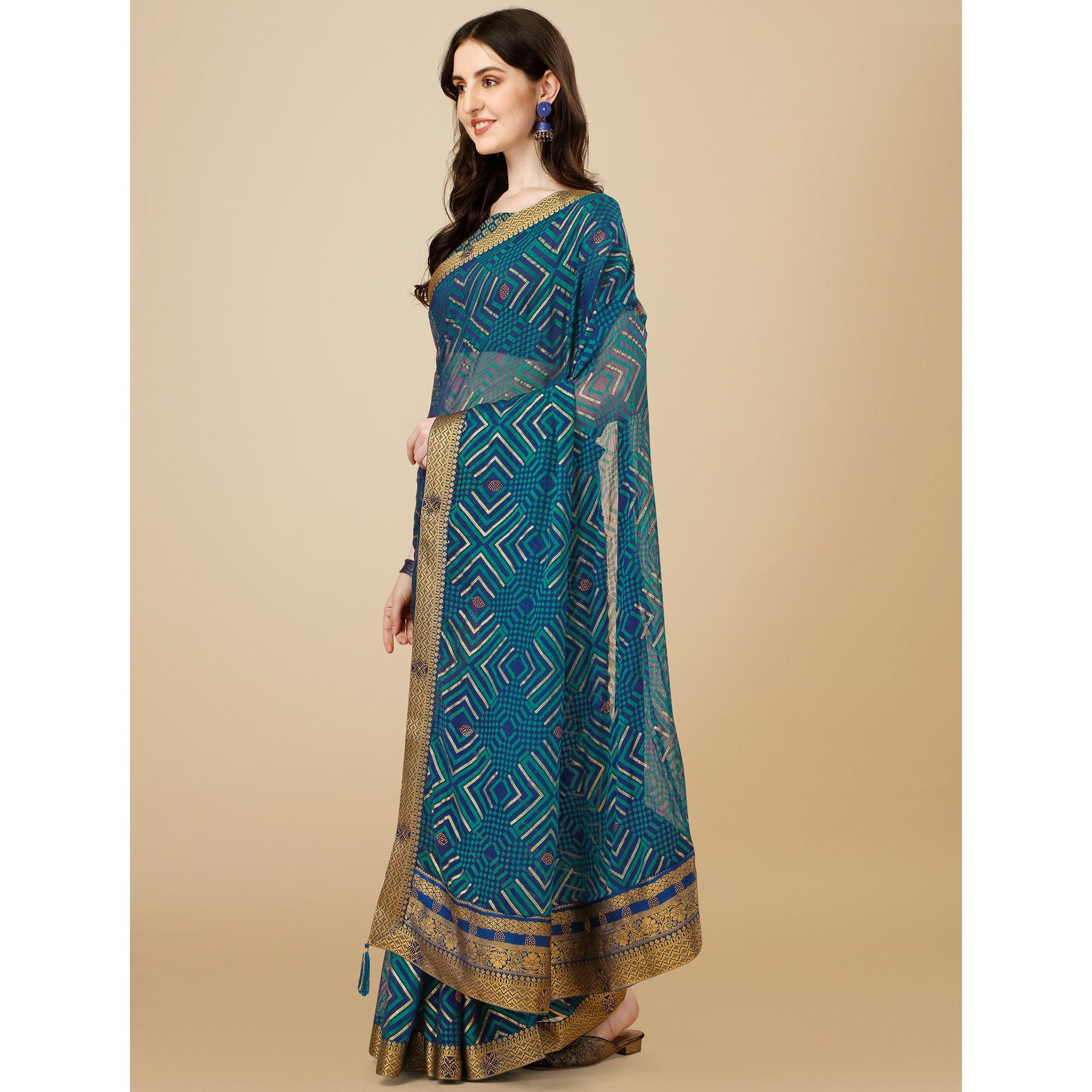 Blue Geometric Printed Brasso Saree