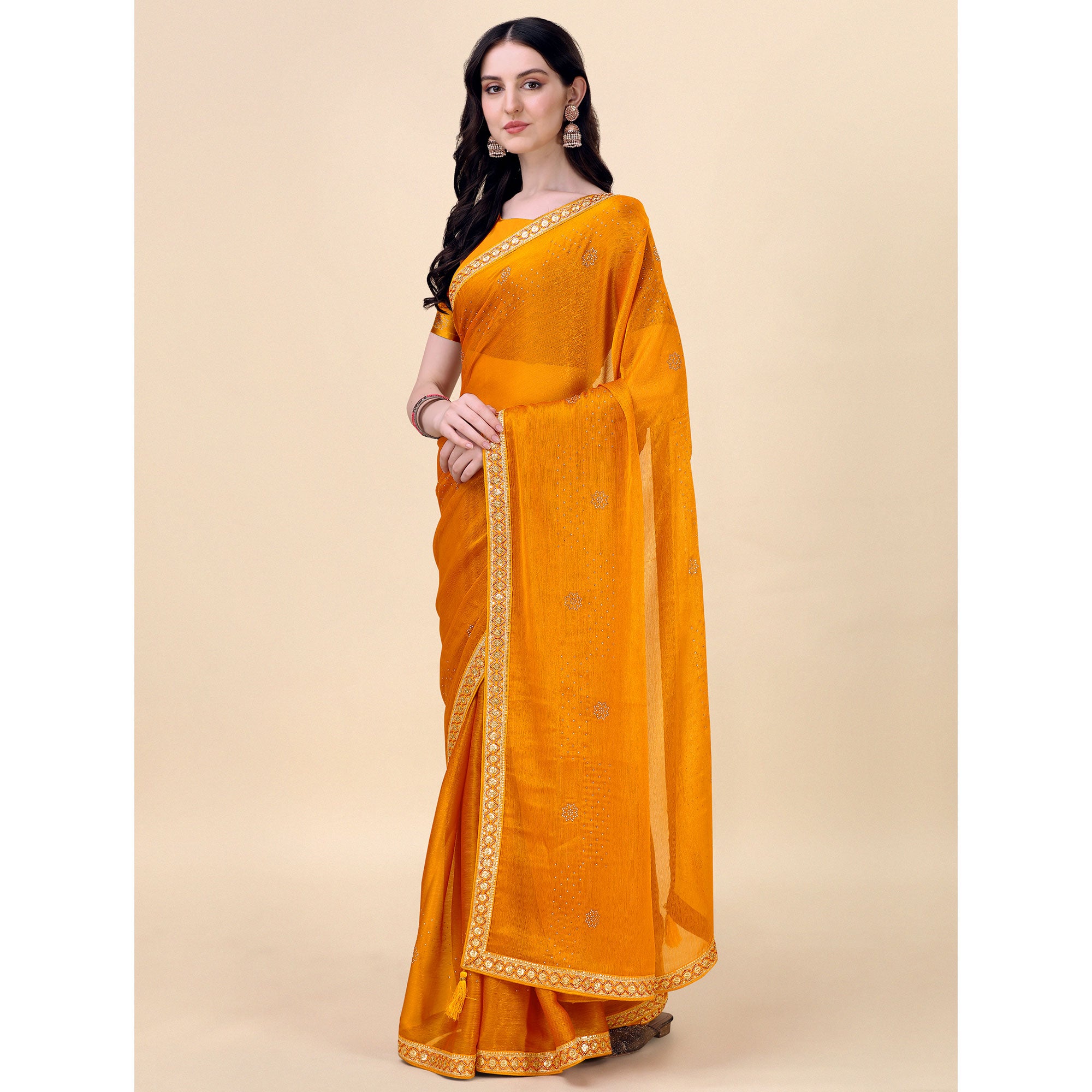 Yellow Swarovski With Sequins Embroidered Chiffon Saree