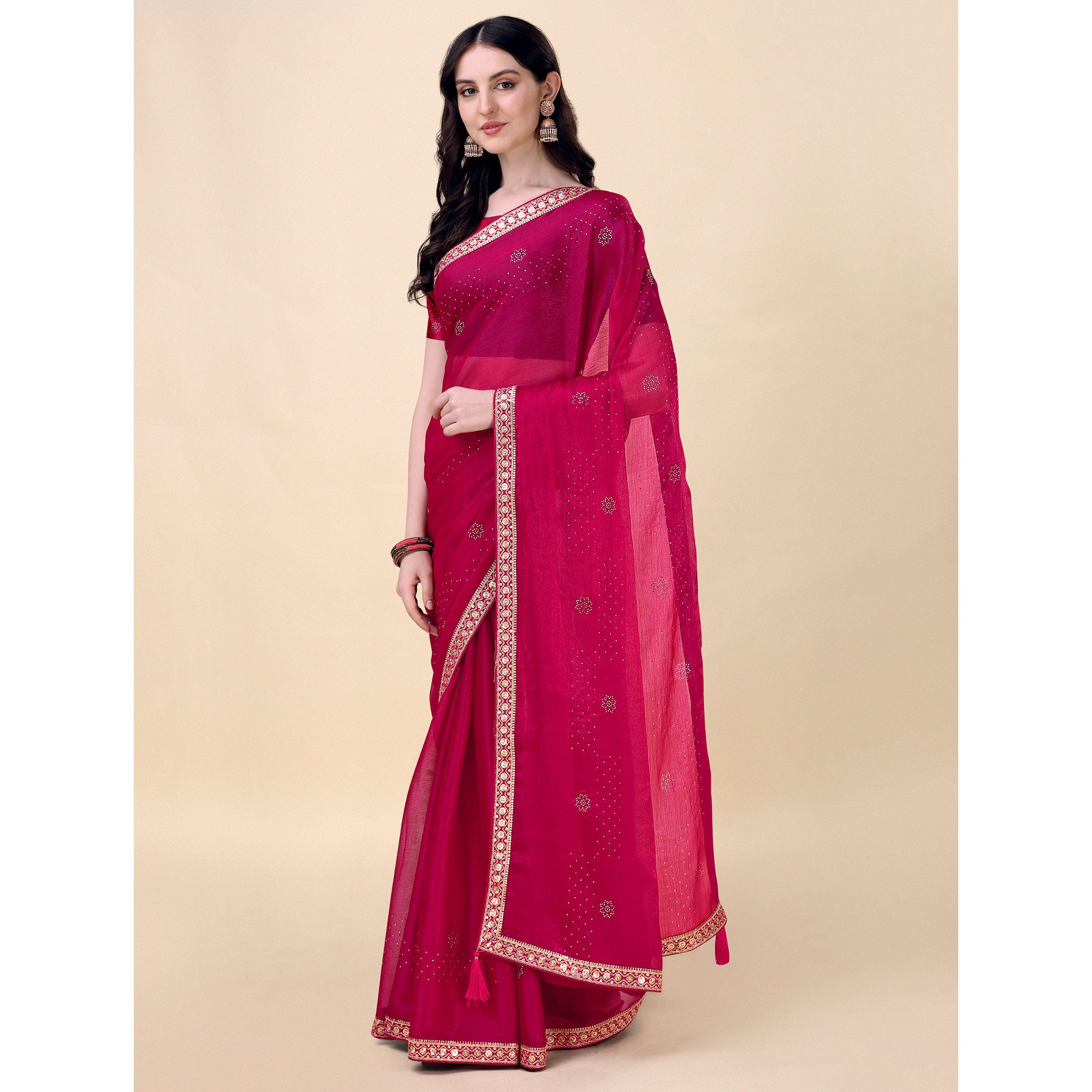 Pink Swarovski With Sequins Embroidered Chiffon Saree
