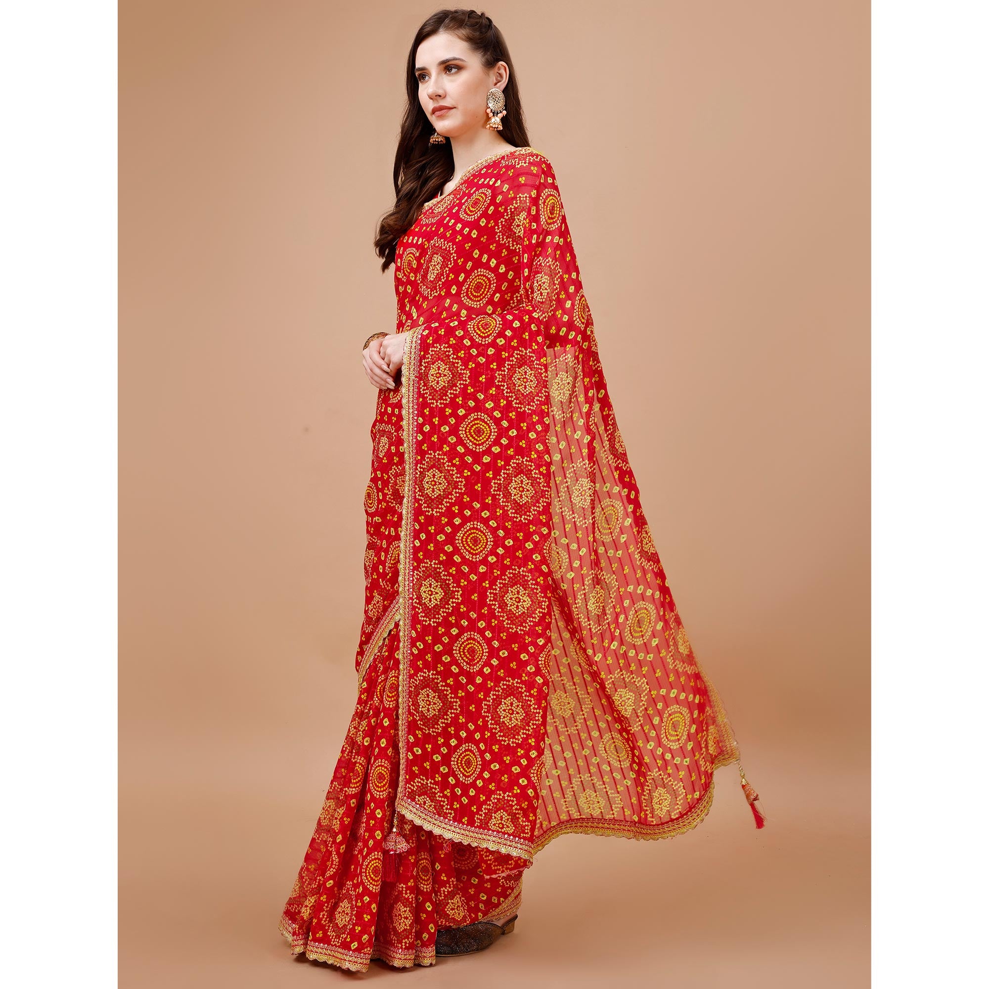 Red Bandhani Printed Georgette Saree