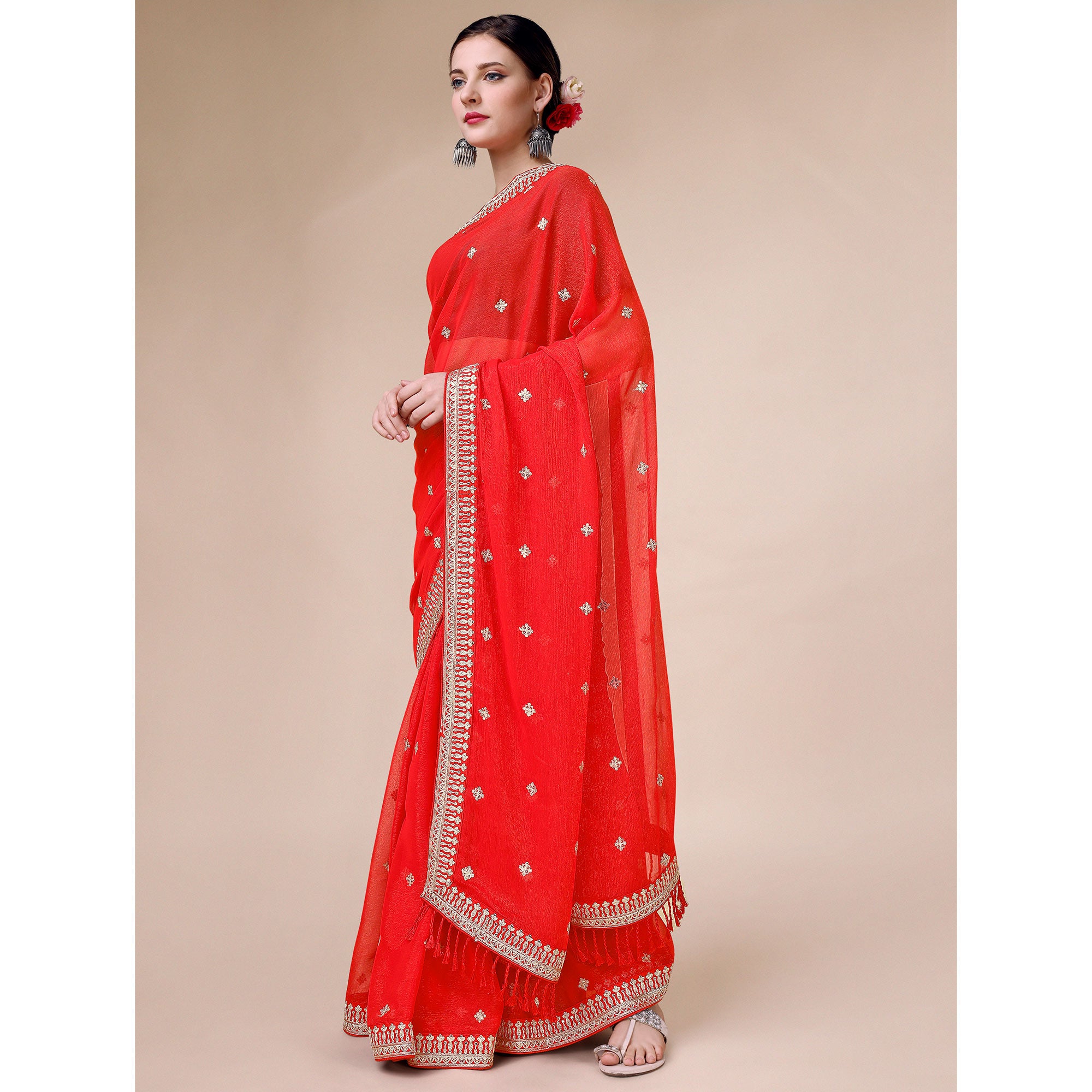 Red Sequins Embroidered Chiffon Saree