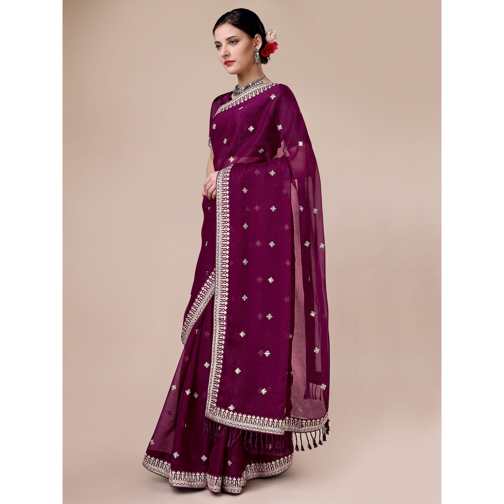 Wine Sequins Embroidered Chiffon Saree