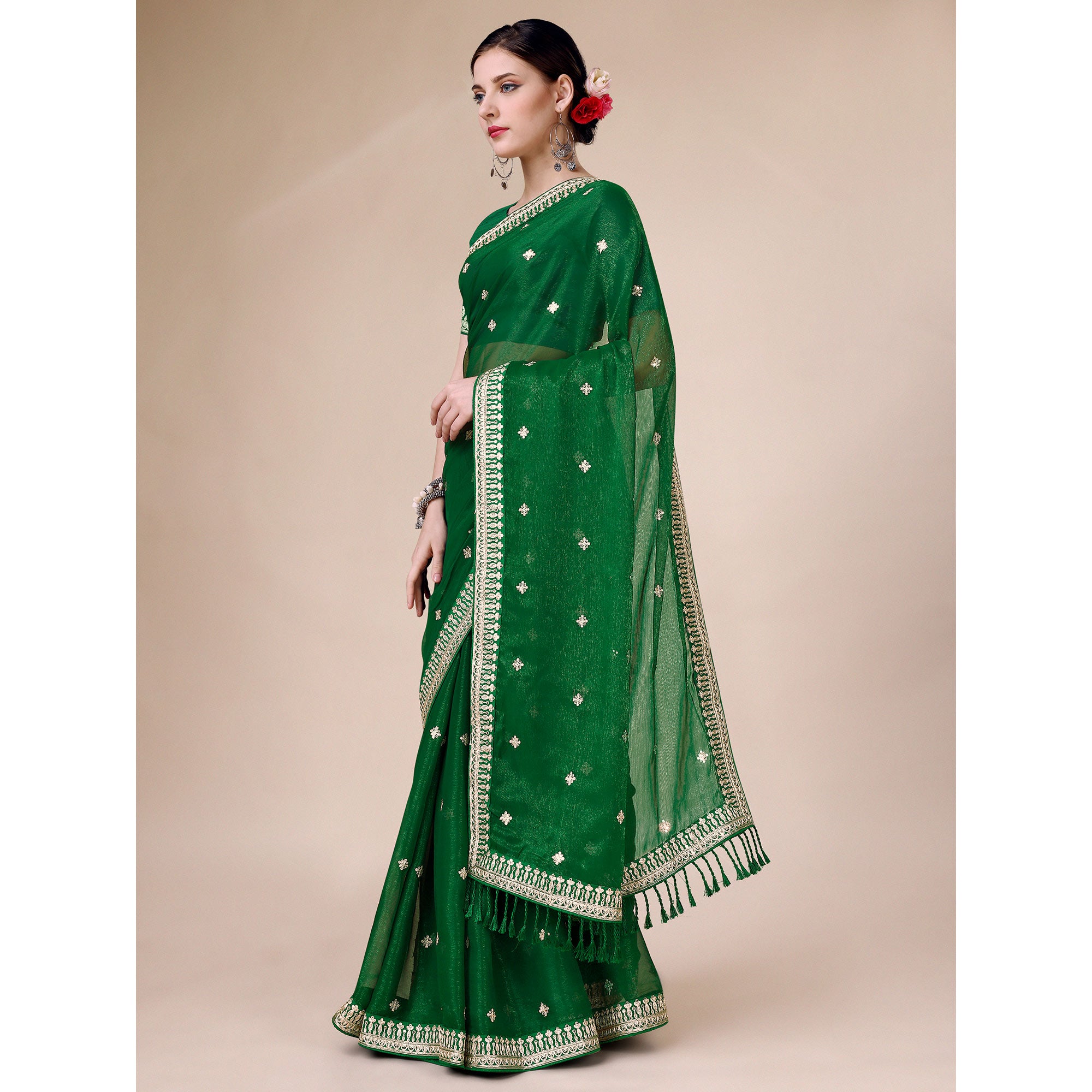 Green Sequins Embroidered Chiffon Saree