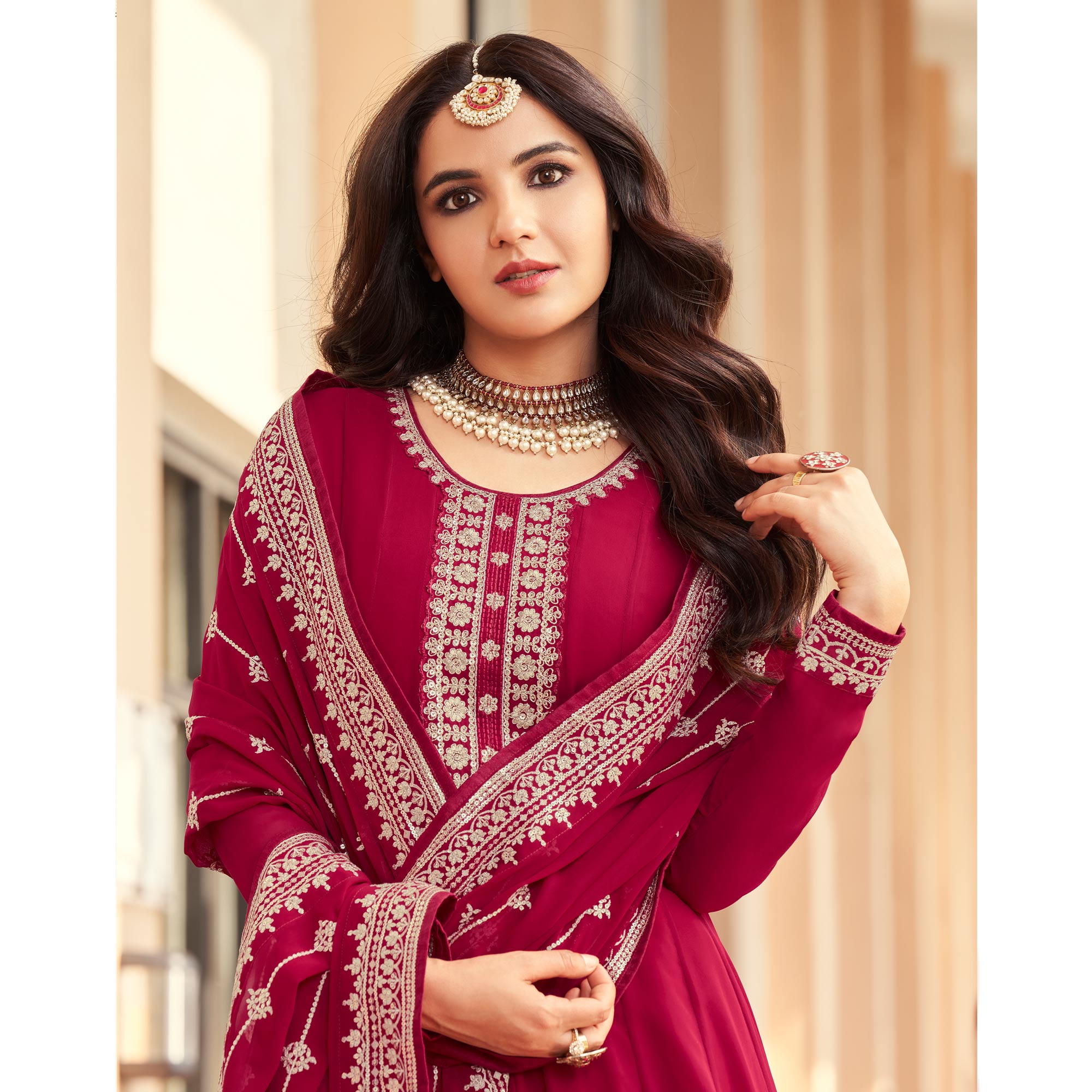 Pink Sequins Embroidered Georgette Semi Stitched Anarkali Suit