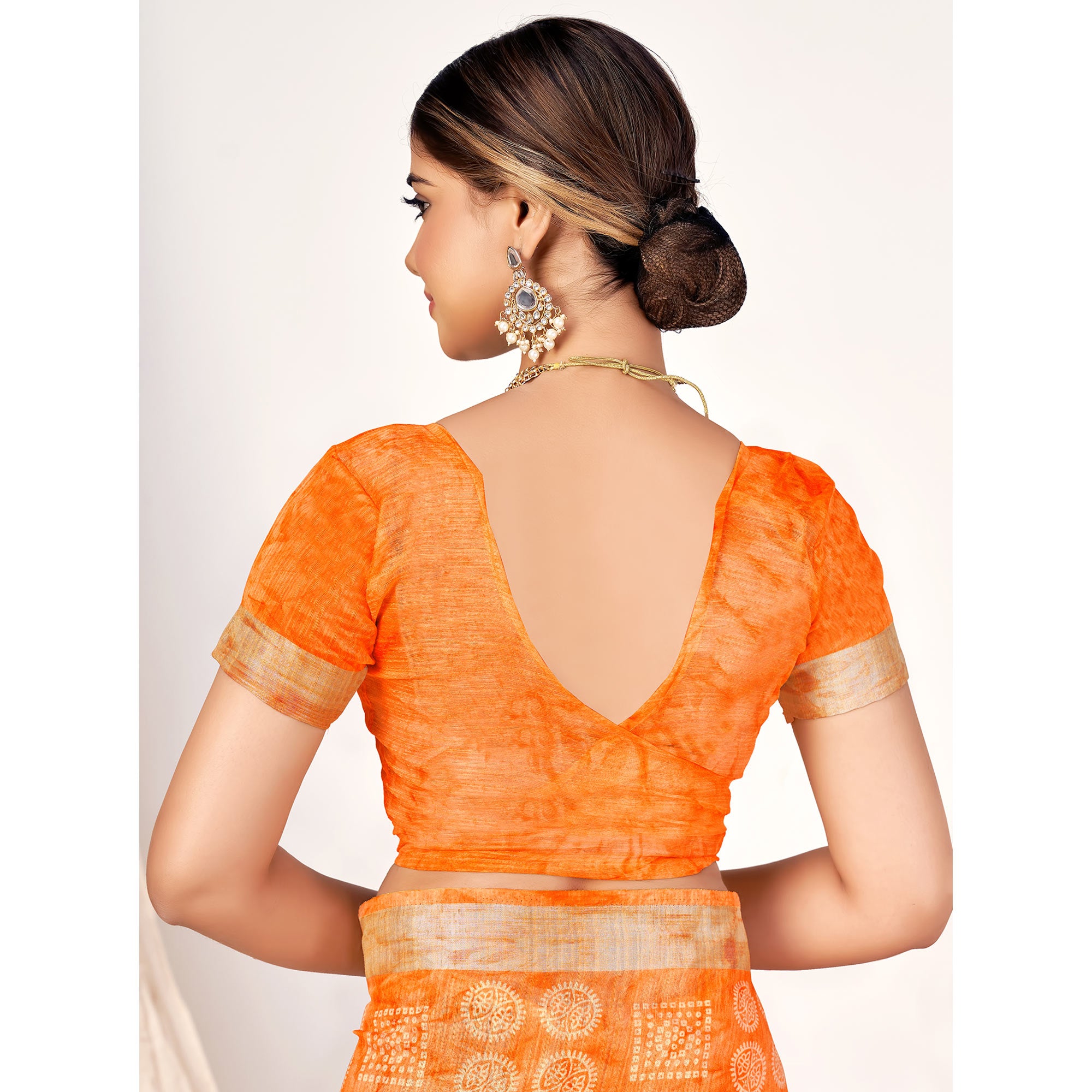 Orange Printed Cotton Silk Saree With Woven Border