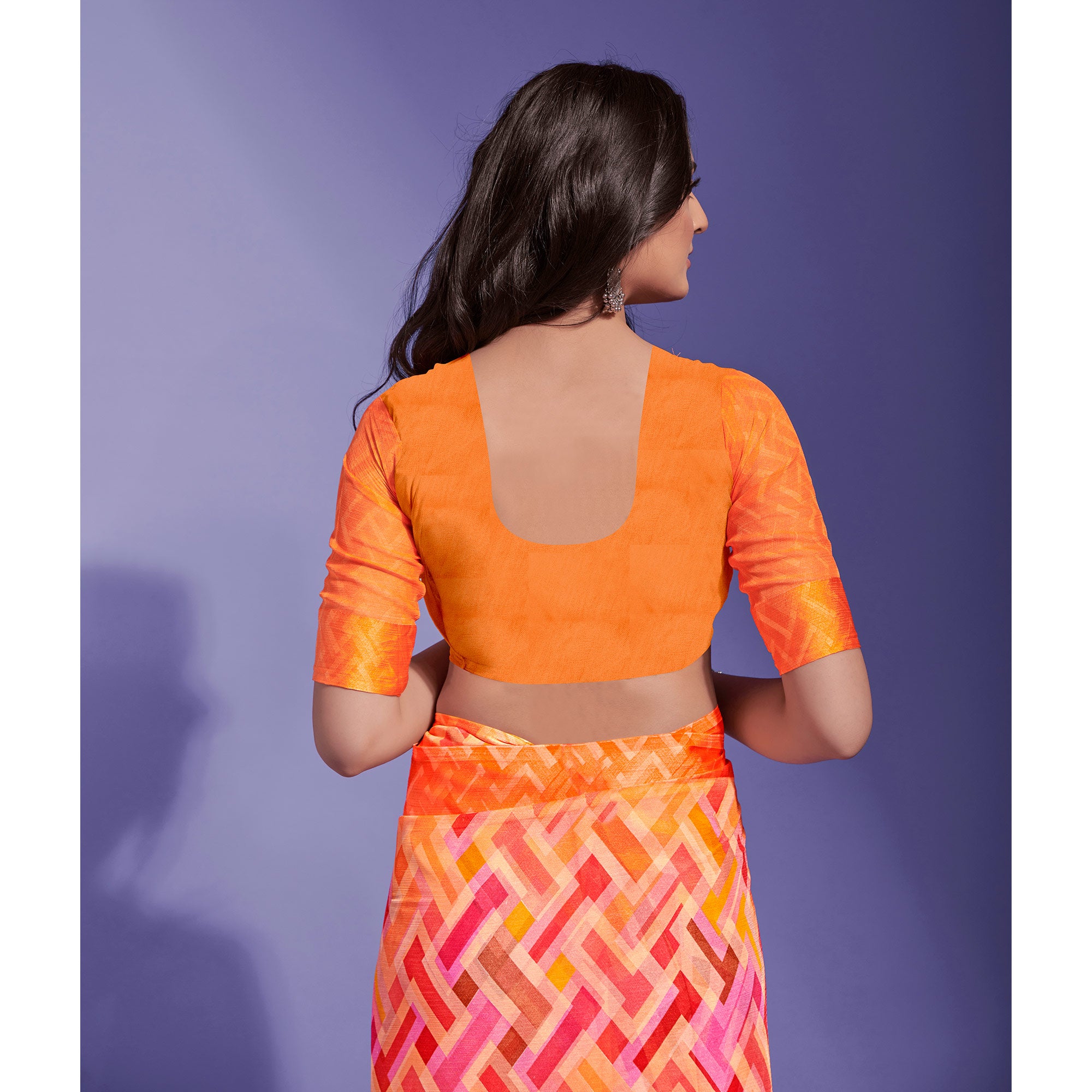 Orange Geometric Printed Chiffon Saree