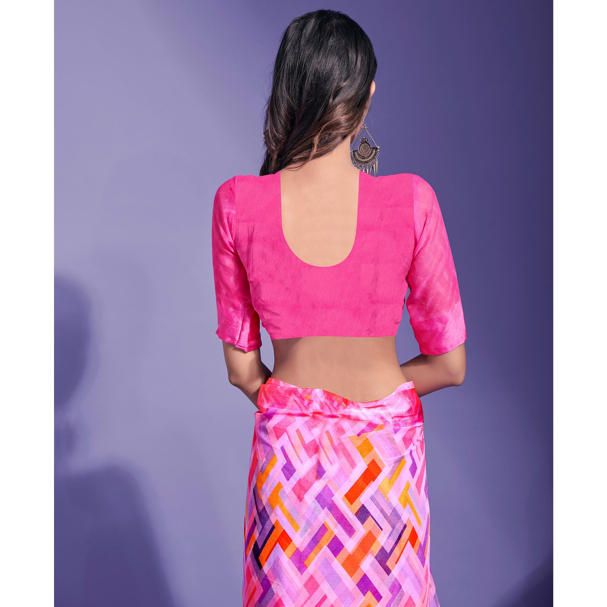 Pink Geometric Printed Chiffon Saree