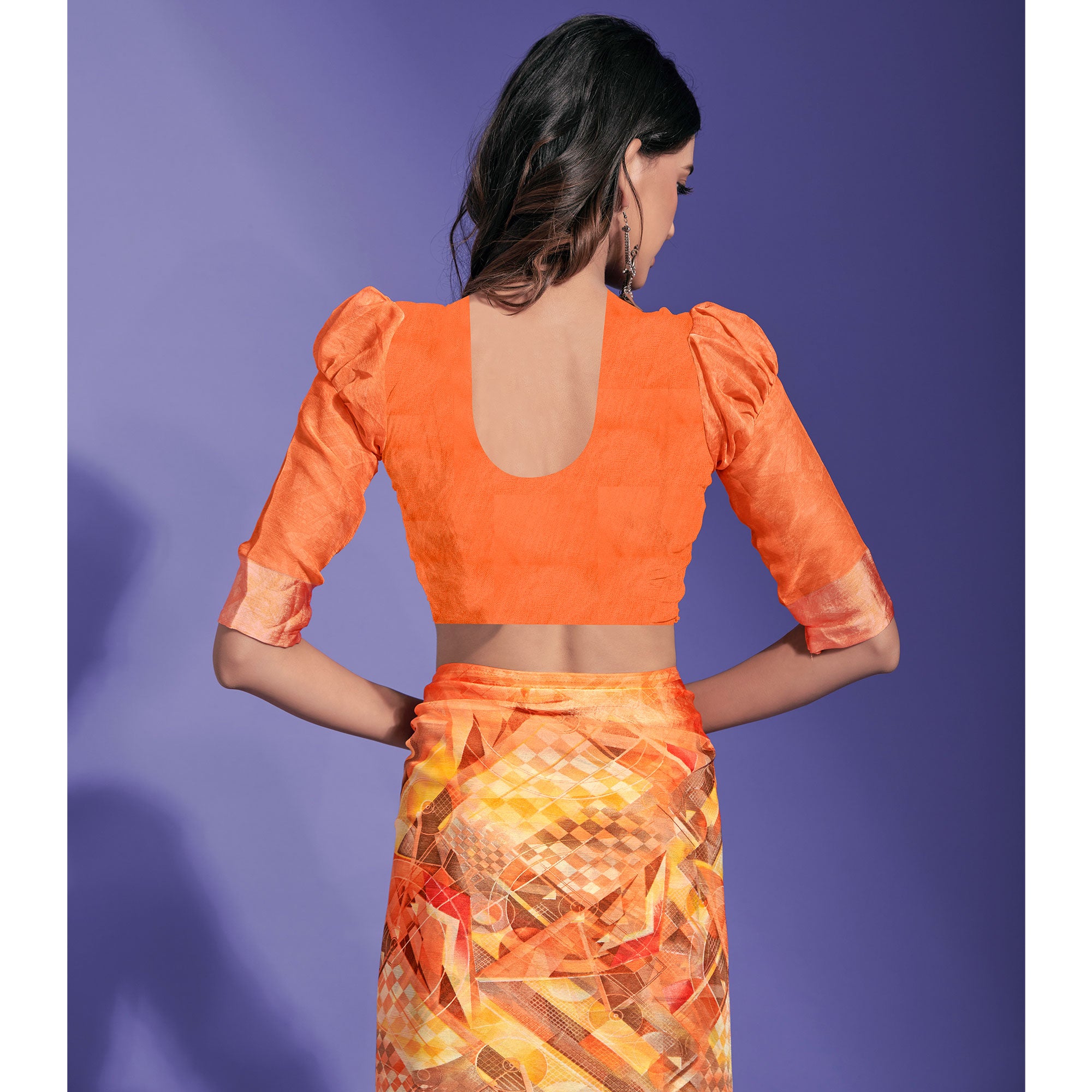 Orange Geometric Printed Chiffon Saree