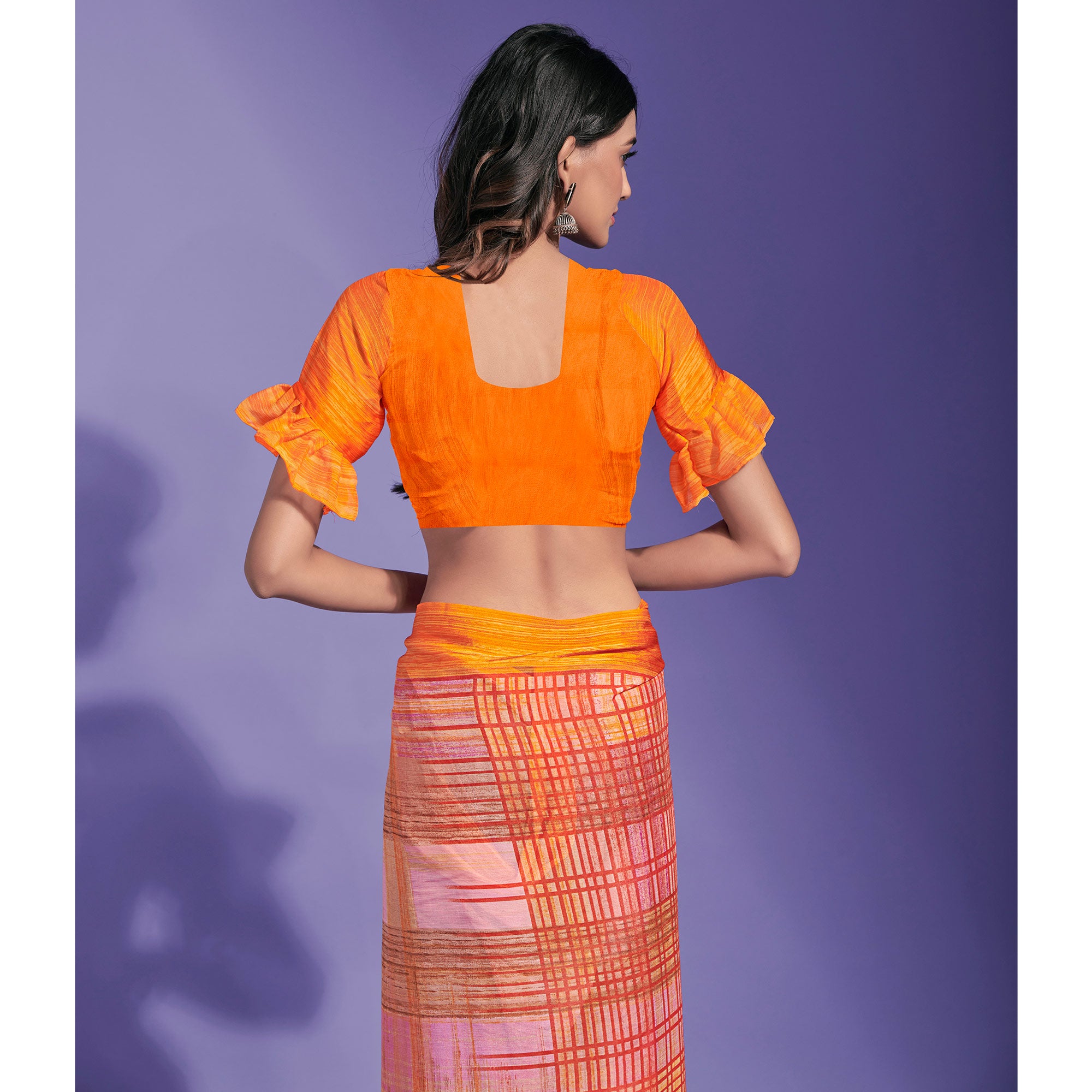Orange Printed Chiffon Saree
