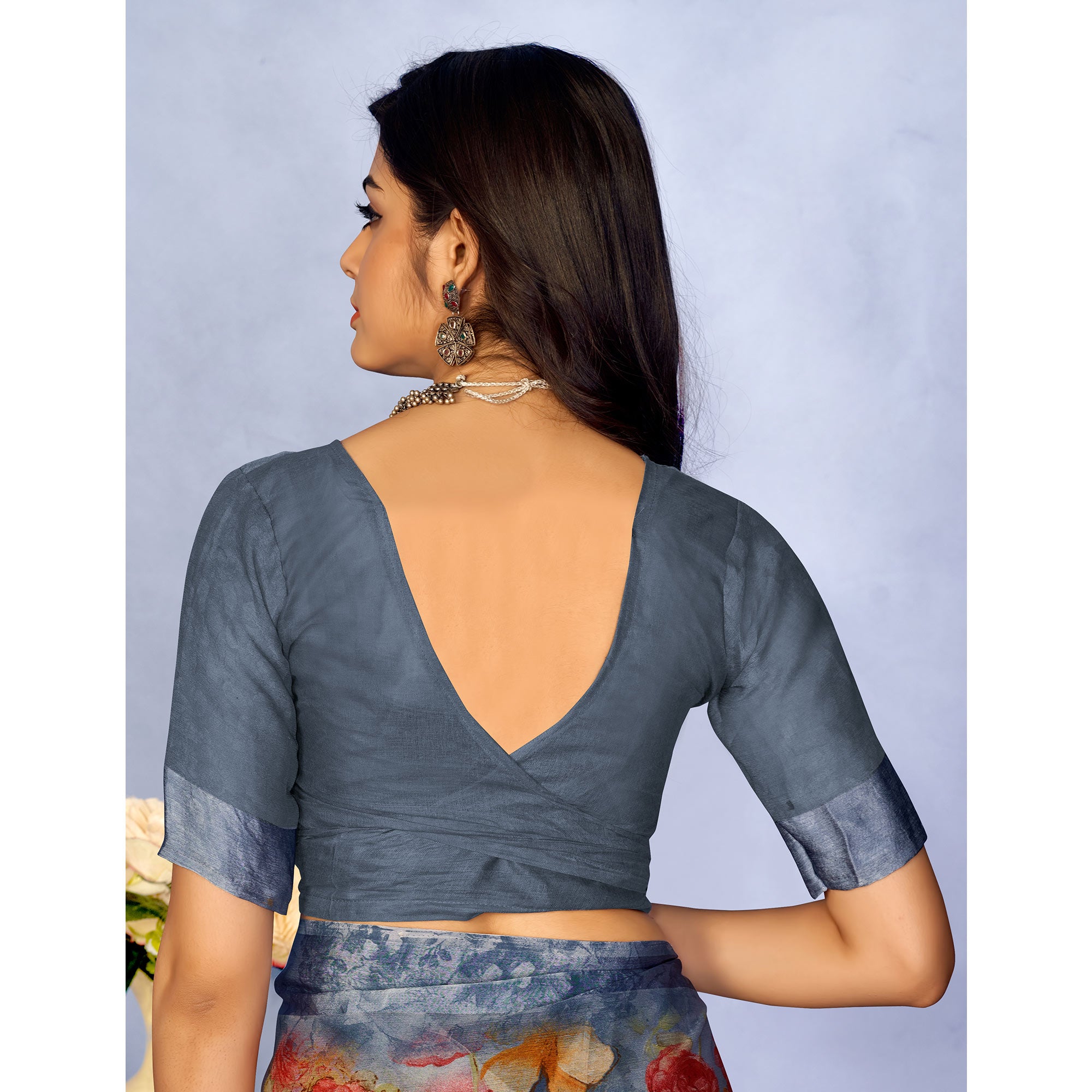 Grey Floral Digital Printed Chiffon Saree