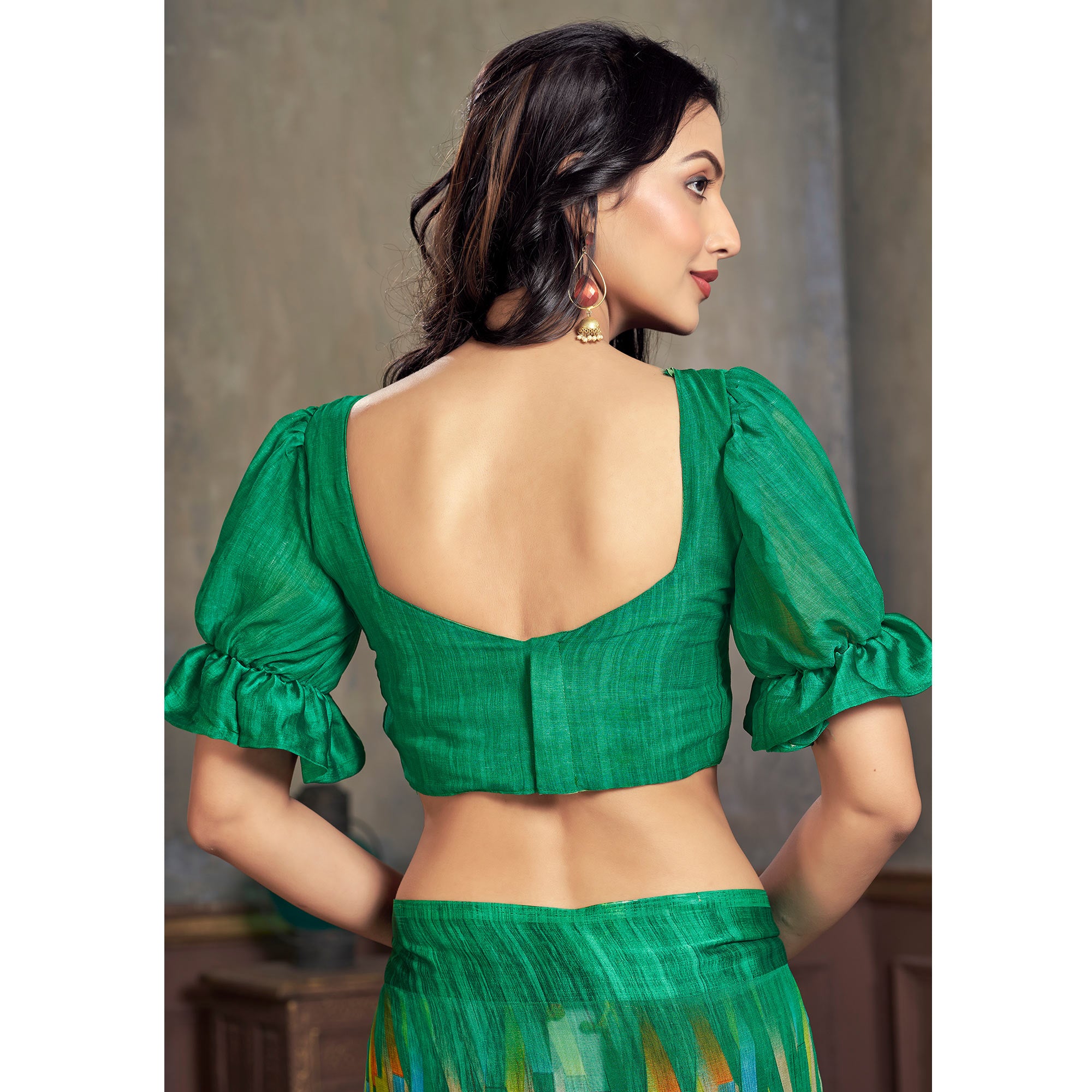 Green Printed Chiffon Saree With Woven Border