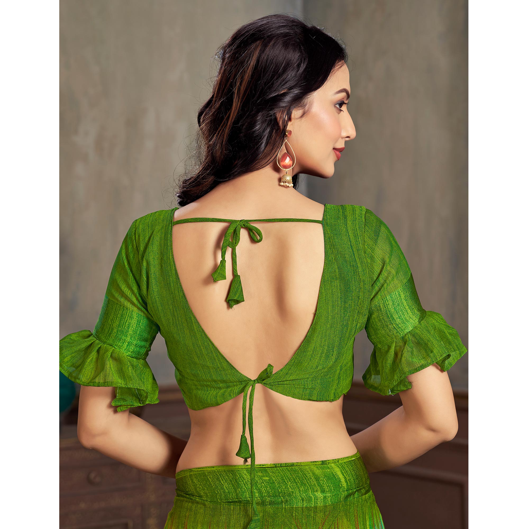 Green Printed Chiffon Saree With Woven Border
