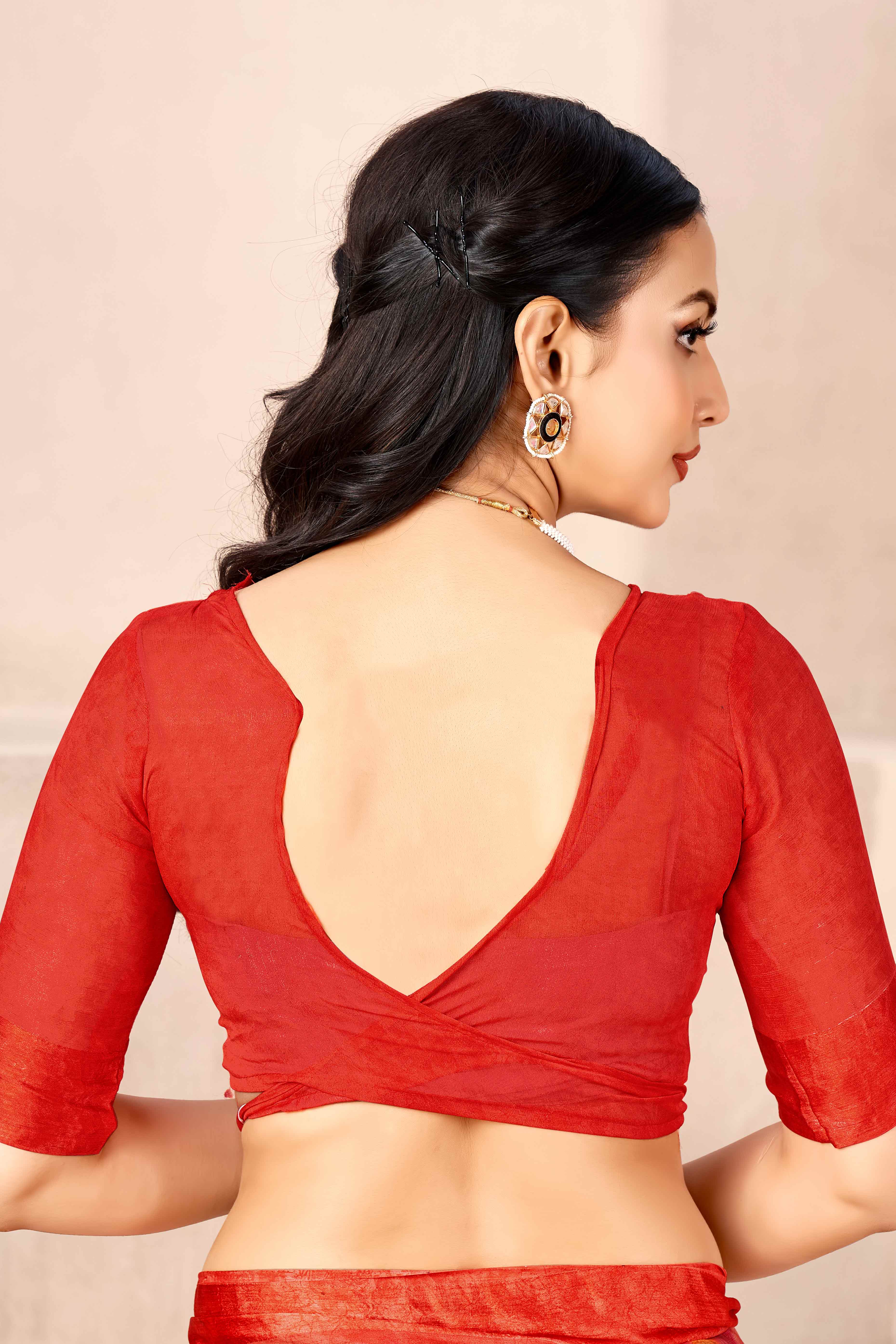 Red Chiffon Saree With Delicate Floral Prints & Elegant Woven Border