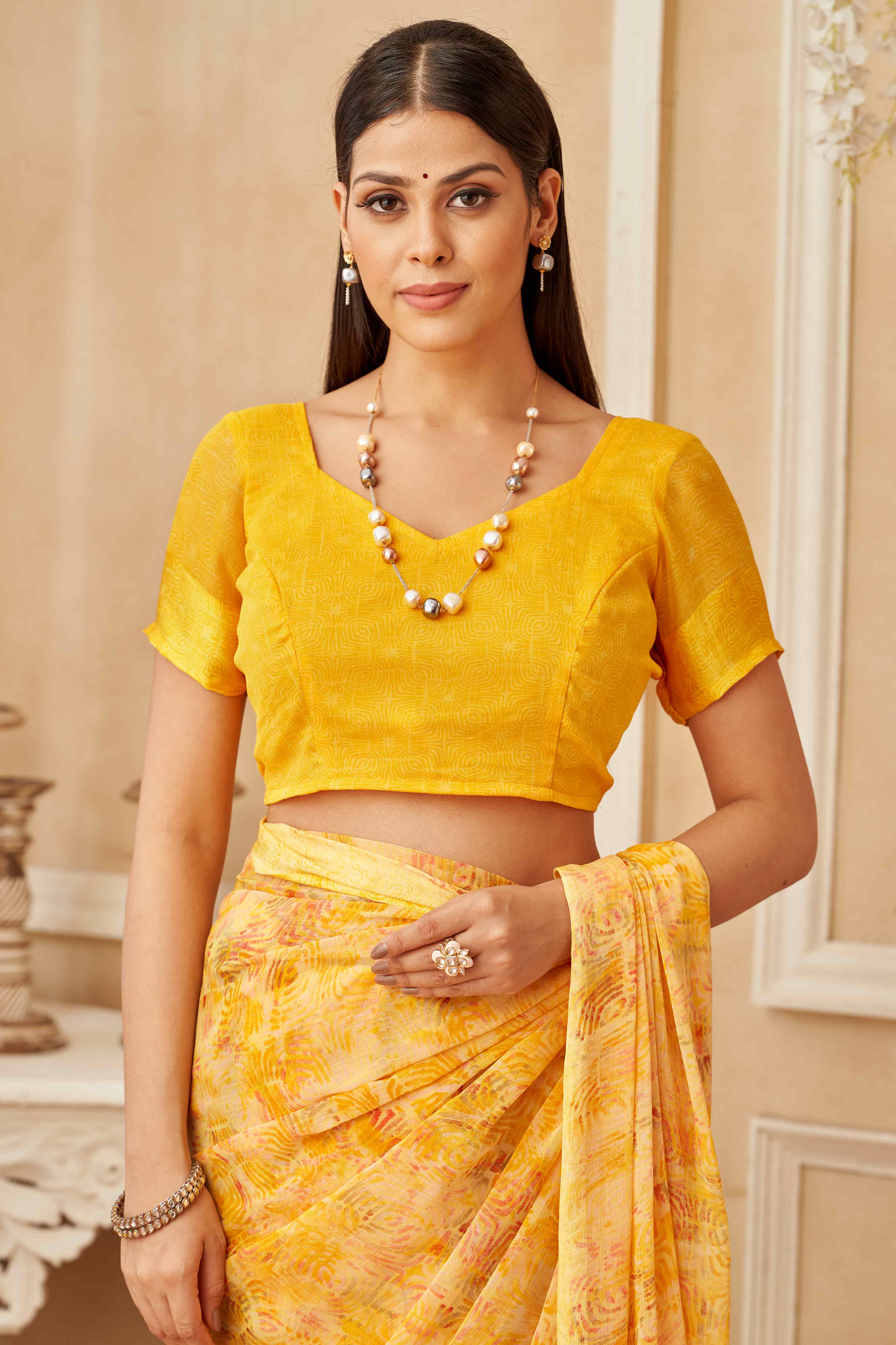 Mustard Chiffon Saree With Delicate Prints & Elegant Satin Woven Border