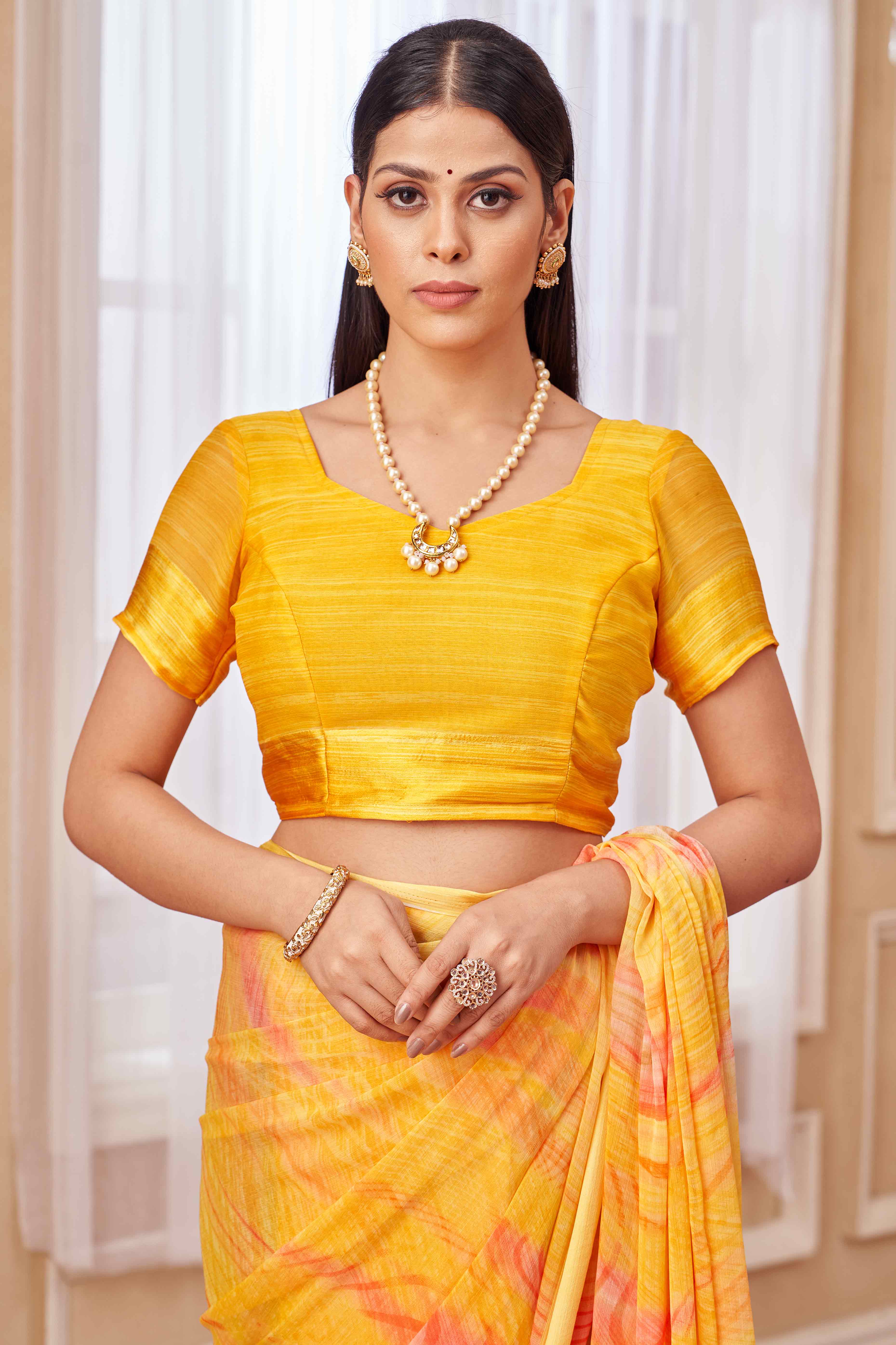 Mustard Chiffon Saree With Delicate Prints & Elegant Satin Woven Border