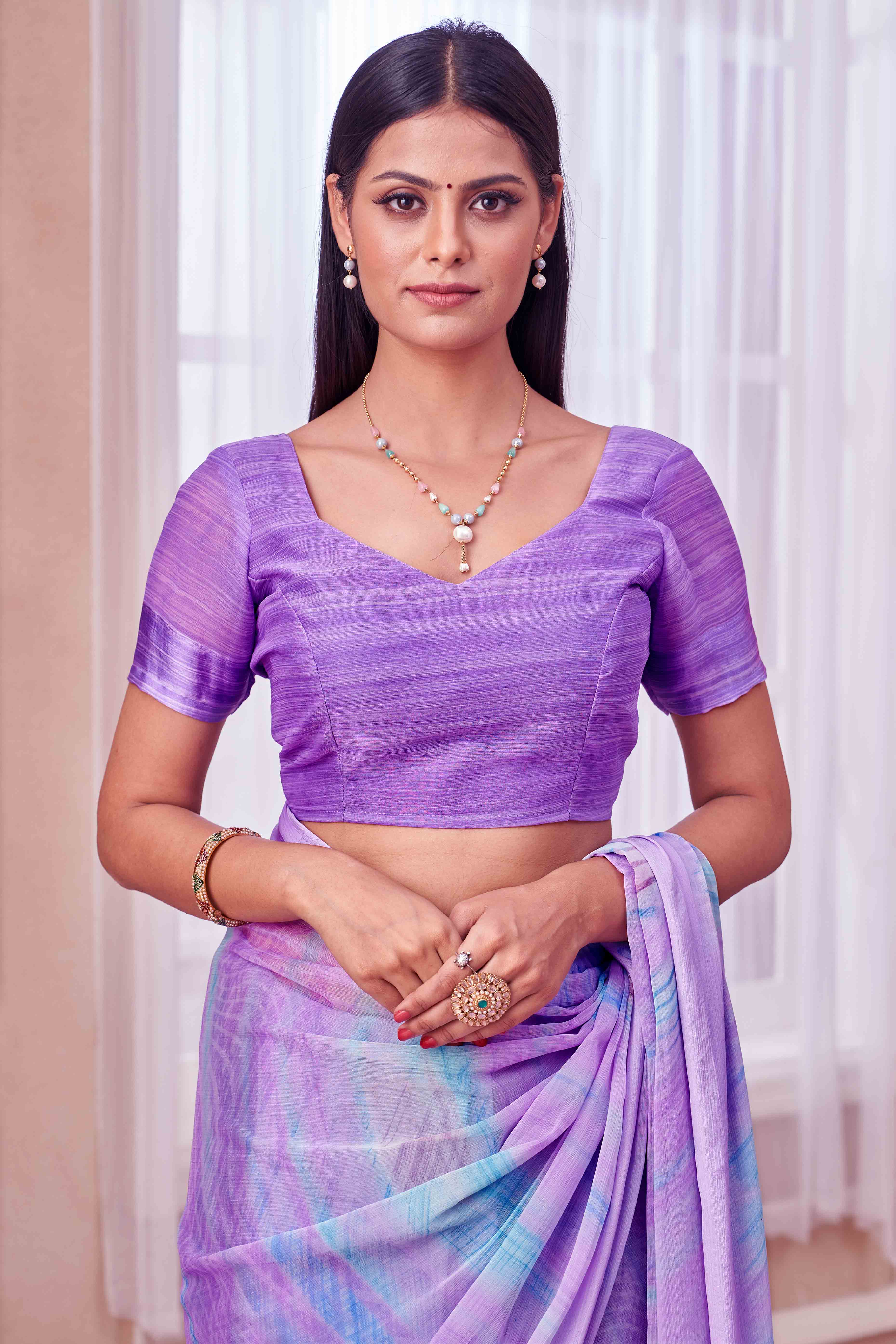 Lavender Chiffon Saree With Delicate Prints & Elegant Satin Woven Border
