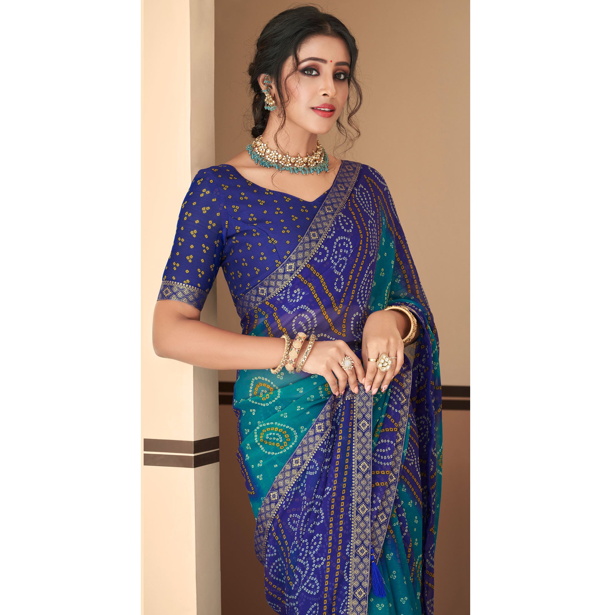 Blue Bandhani Printed Chiffon Saree With Lace Border