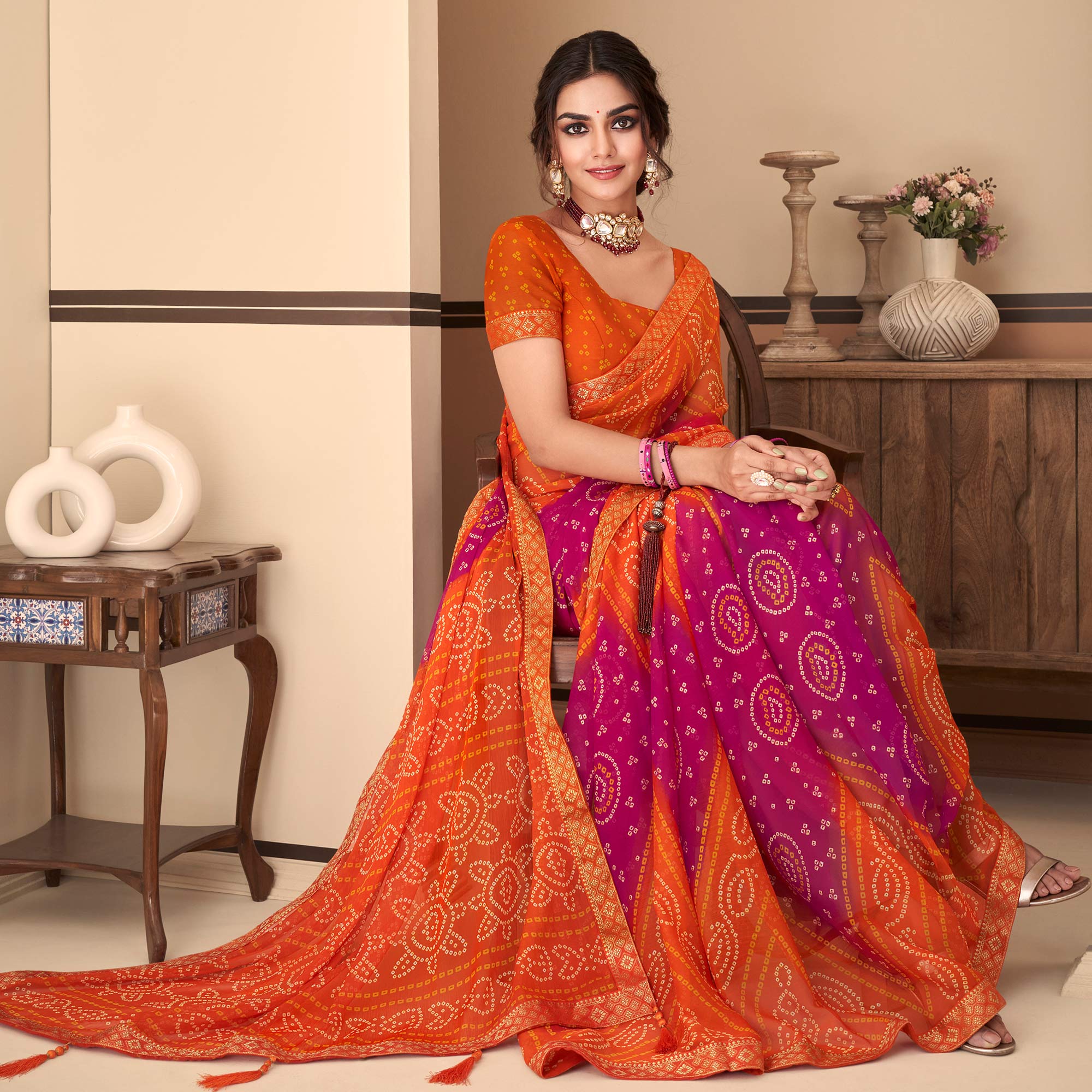 Orange & Magenta Bandhani Printed Chiffon Saree With Lace Border