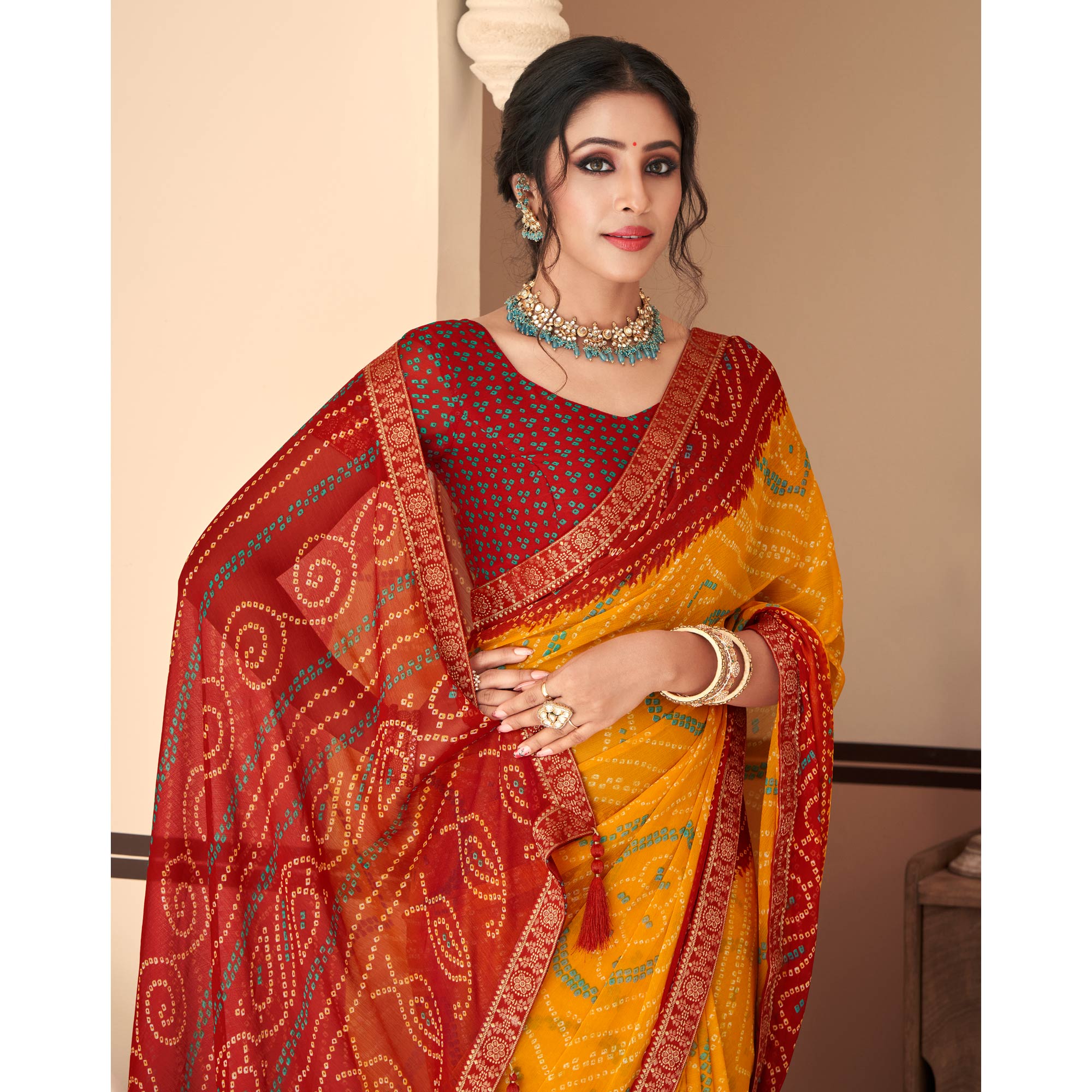 Yellow & Maroon Bandhani Printed Chiffon Saree With Lace Border