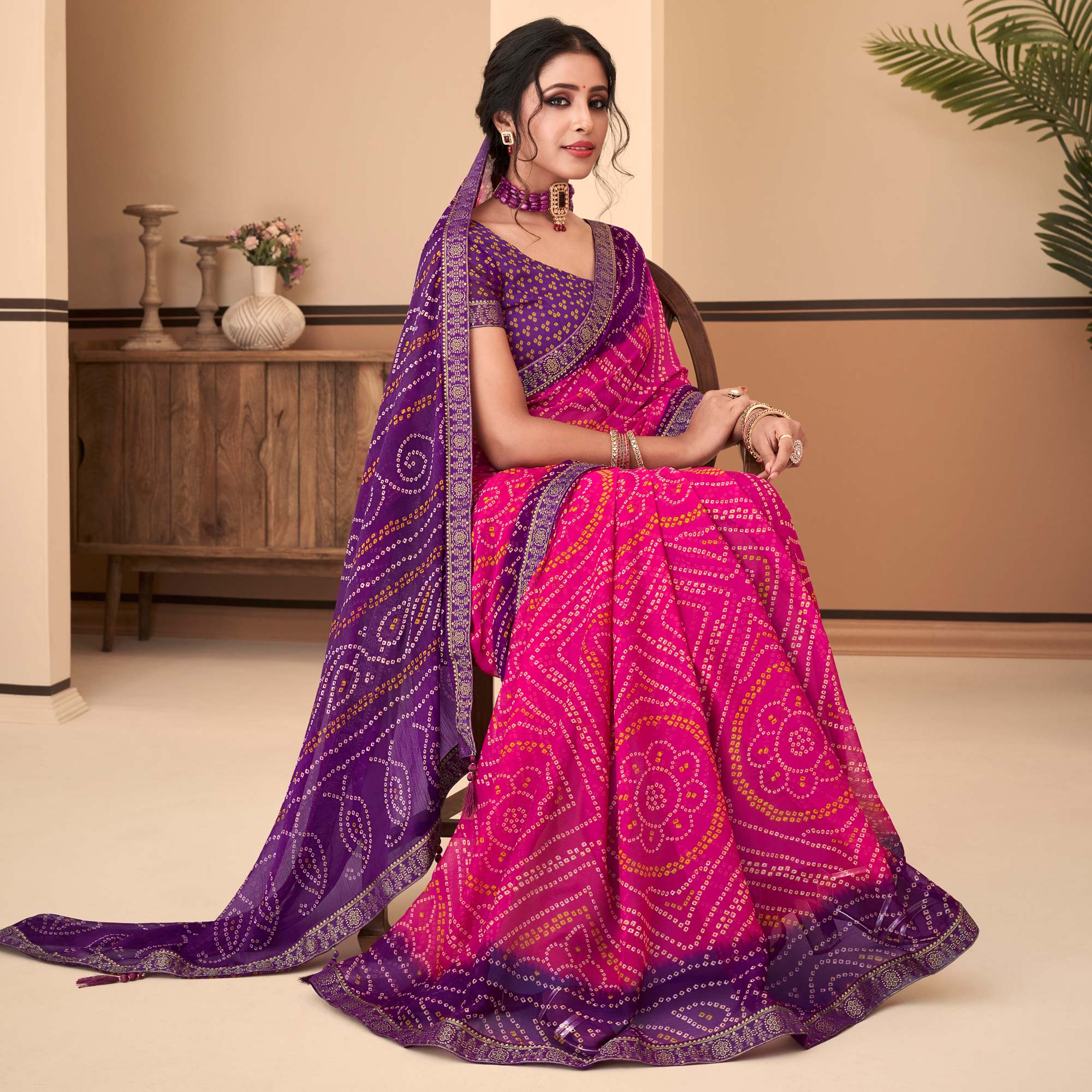 Magenta & Purple Bandhani Printed Chiffon Saree With Lace Border