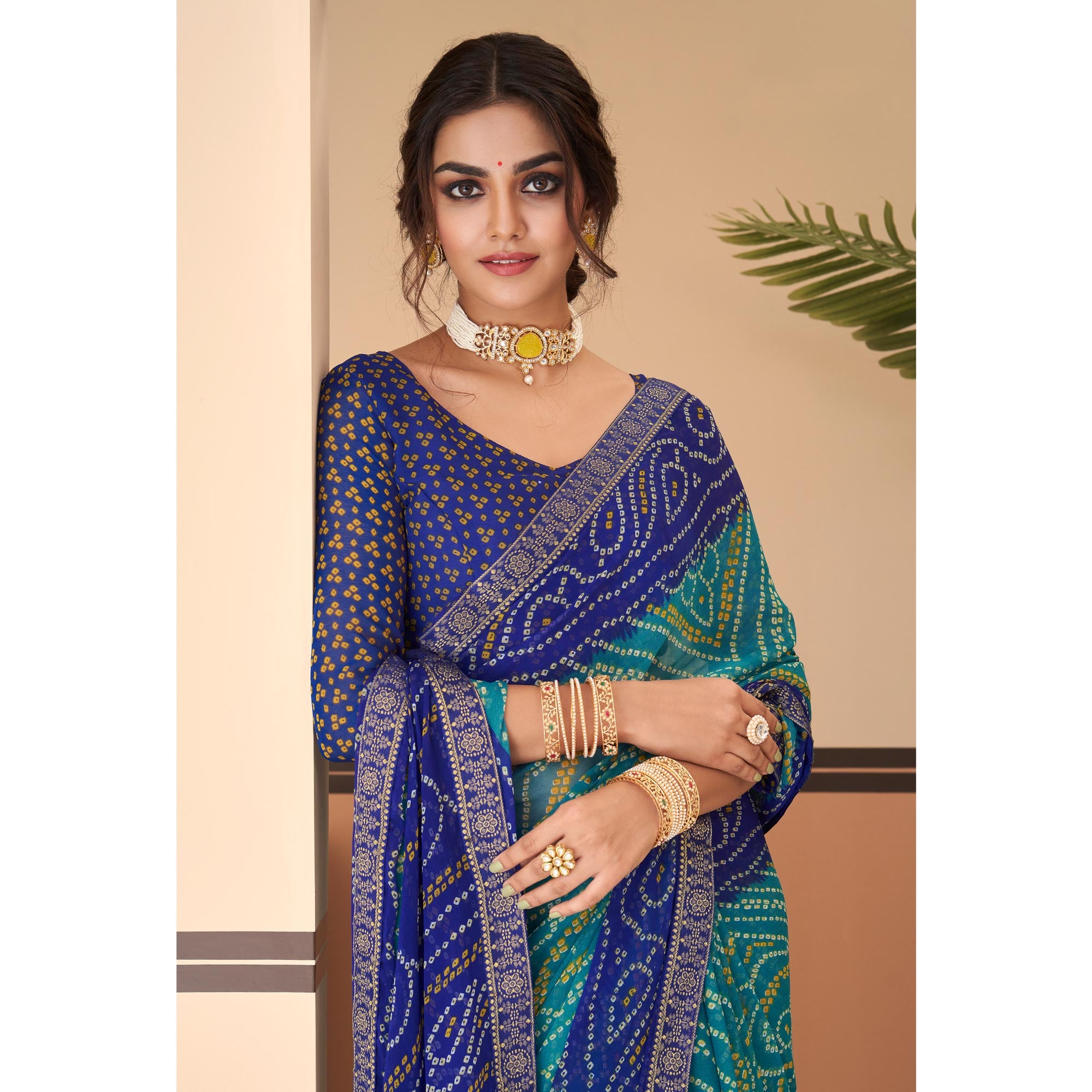 Teal & Blue Bandhani Printed Chiffon Saree With Lace Border