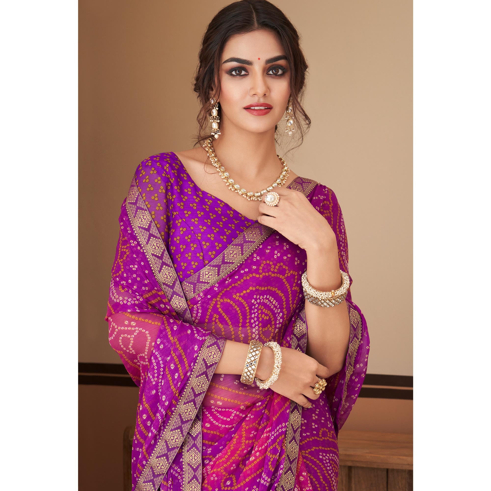 Purple Bandhani Printed Chiffon Saree With Lace Border