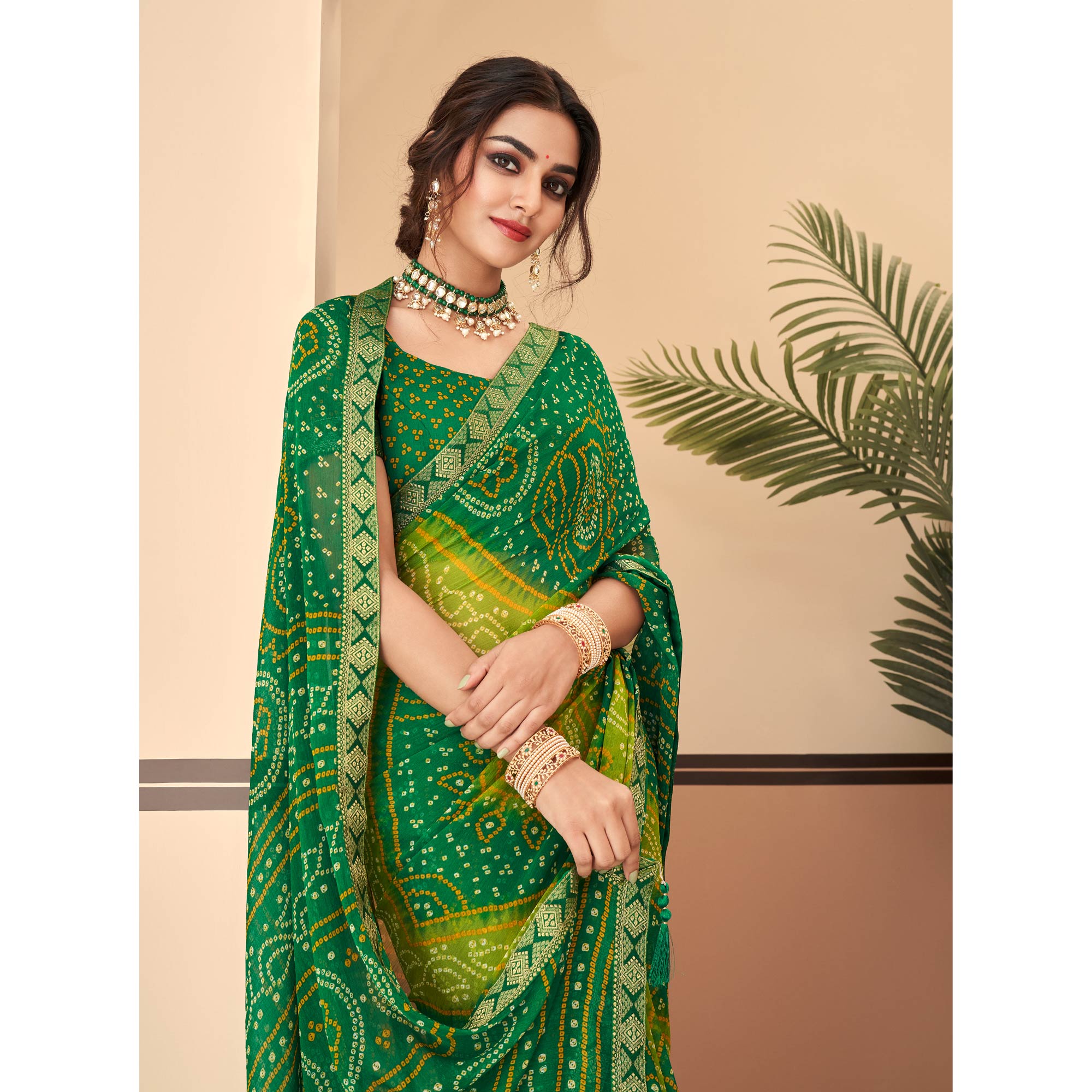 Green Bandhani Printed Chiffon Saree With Lace Border