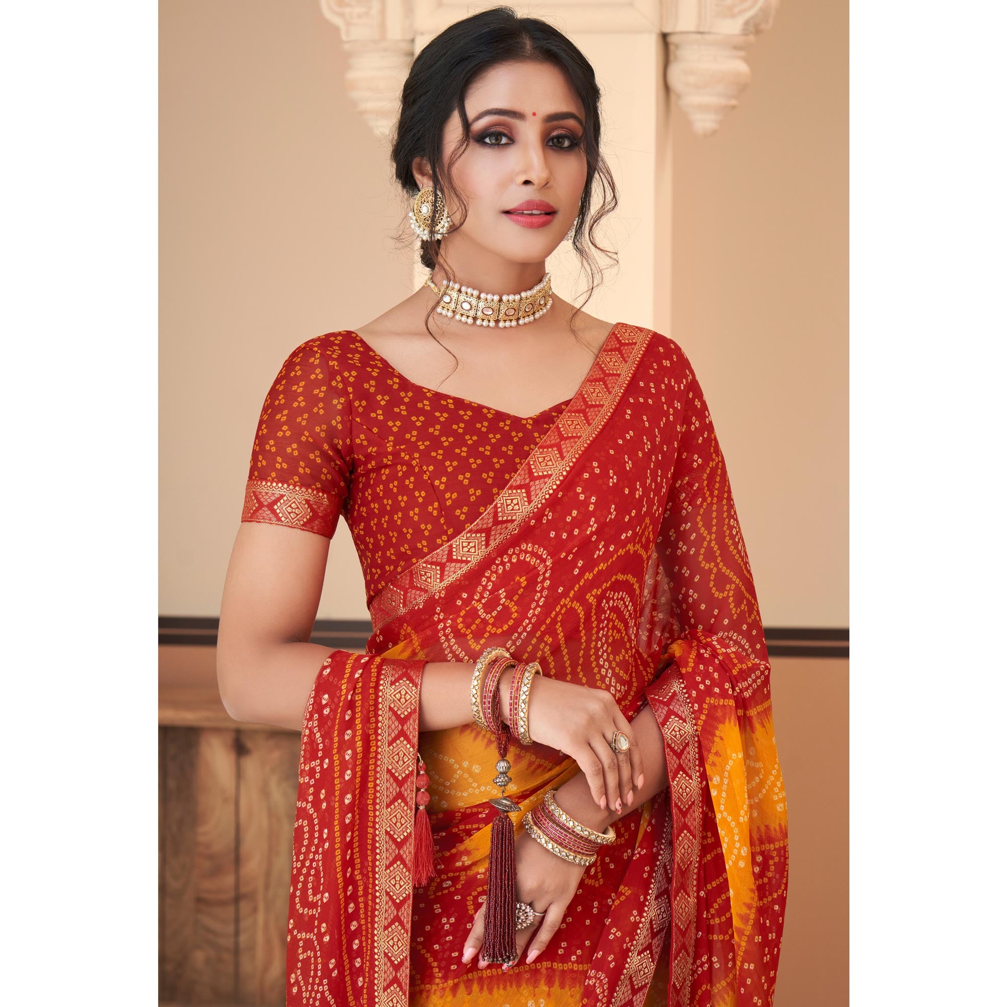 Red & Yellow Bandhani Printed Chiffon Saree With Lace Border