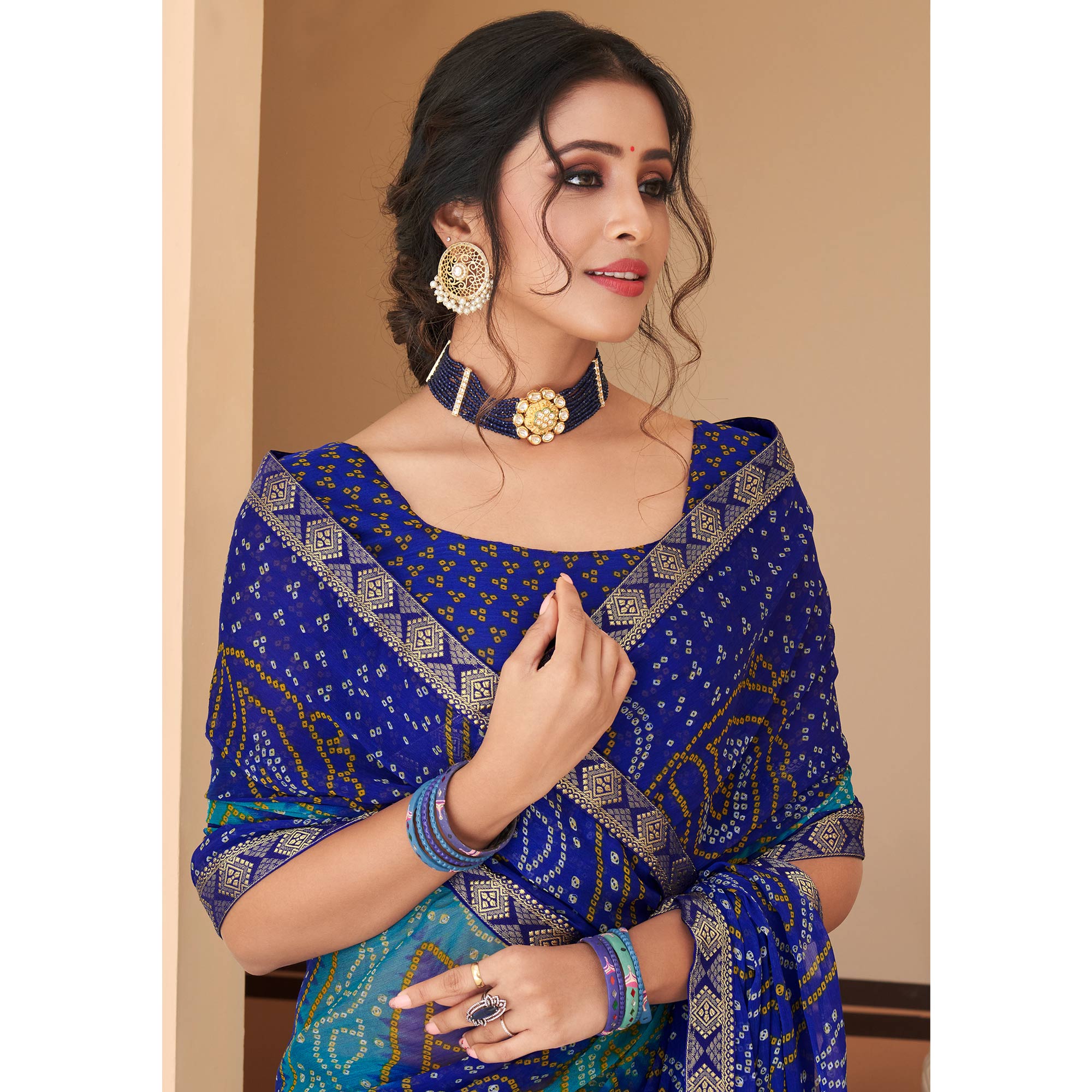 Blue Bandhani Printed Chiffon Saree With Lace Border