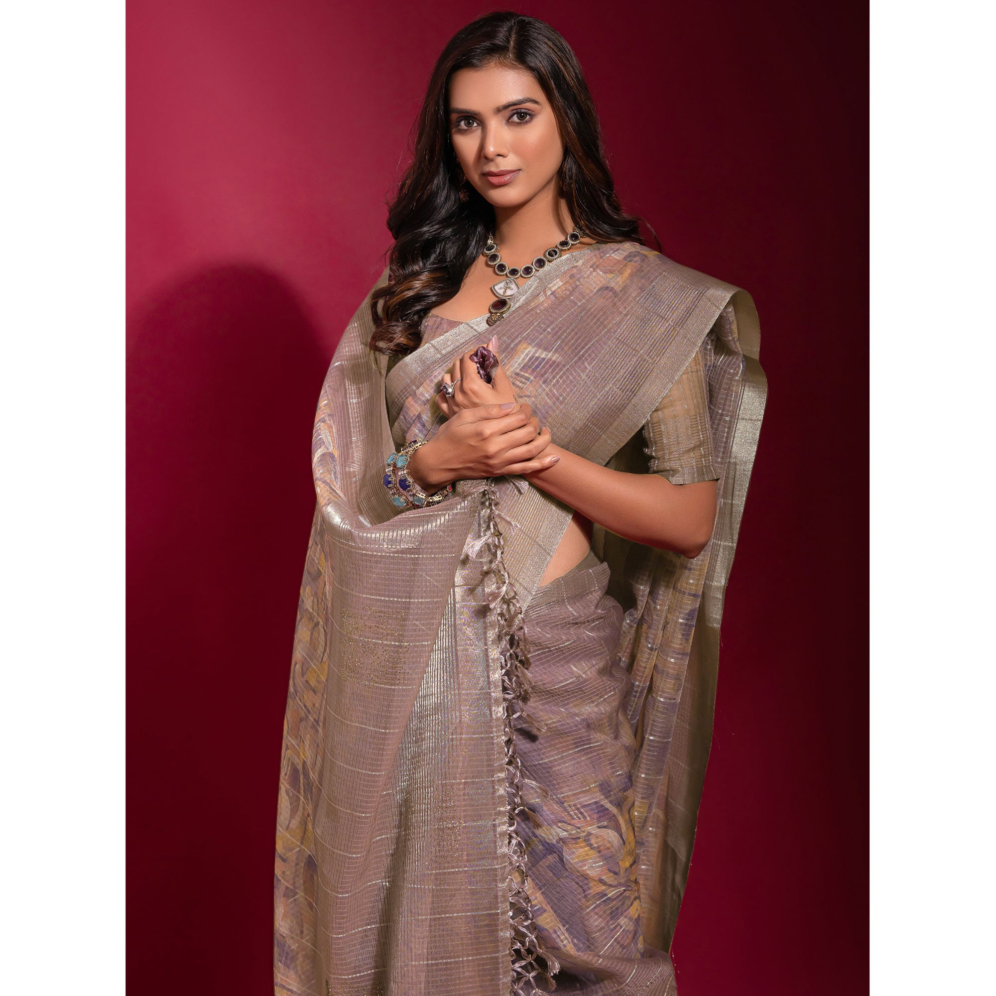 Mauve Digital Printed With Zari Work Linen Saree