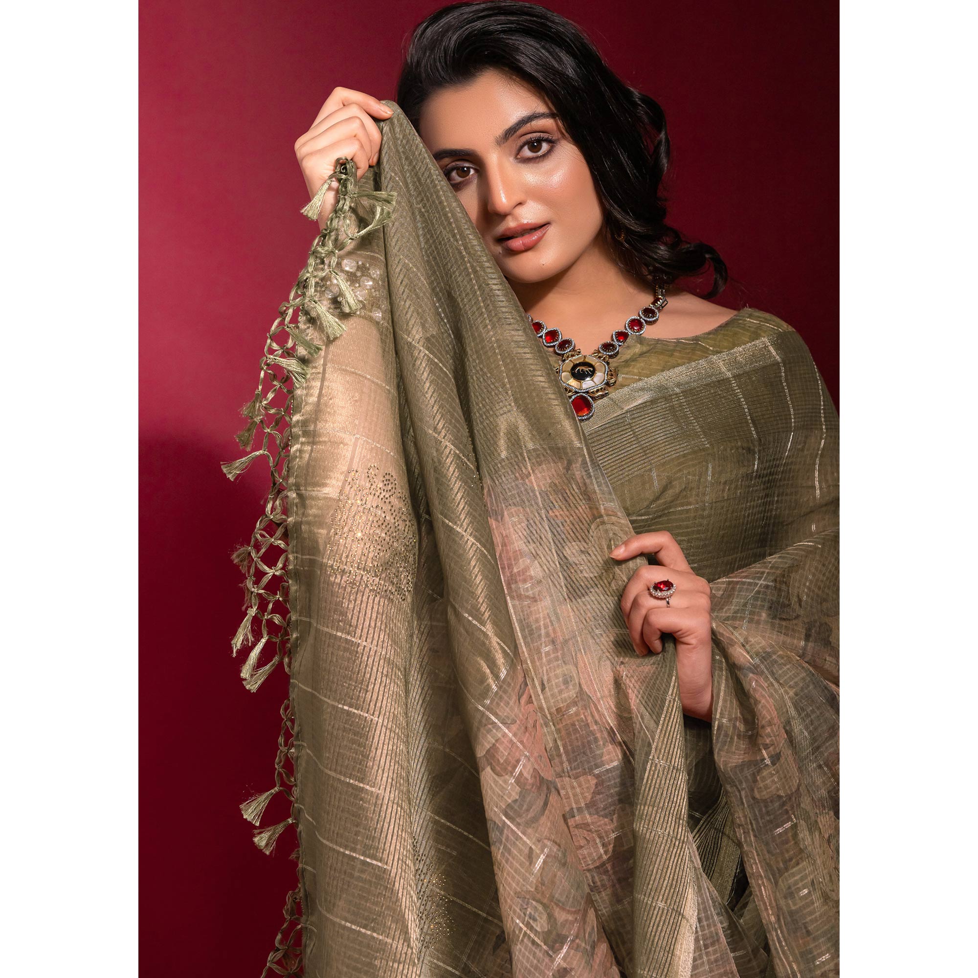 Olive Digital Printed With Zari Work Linen Saree