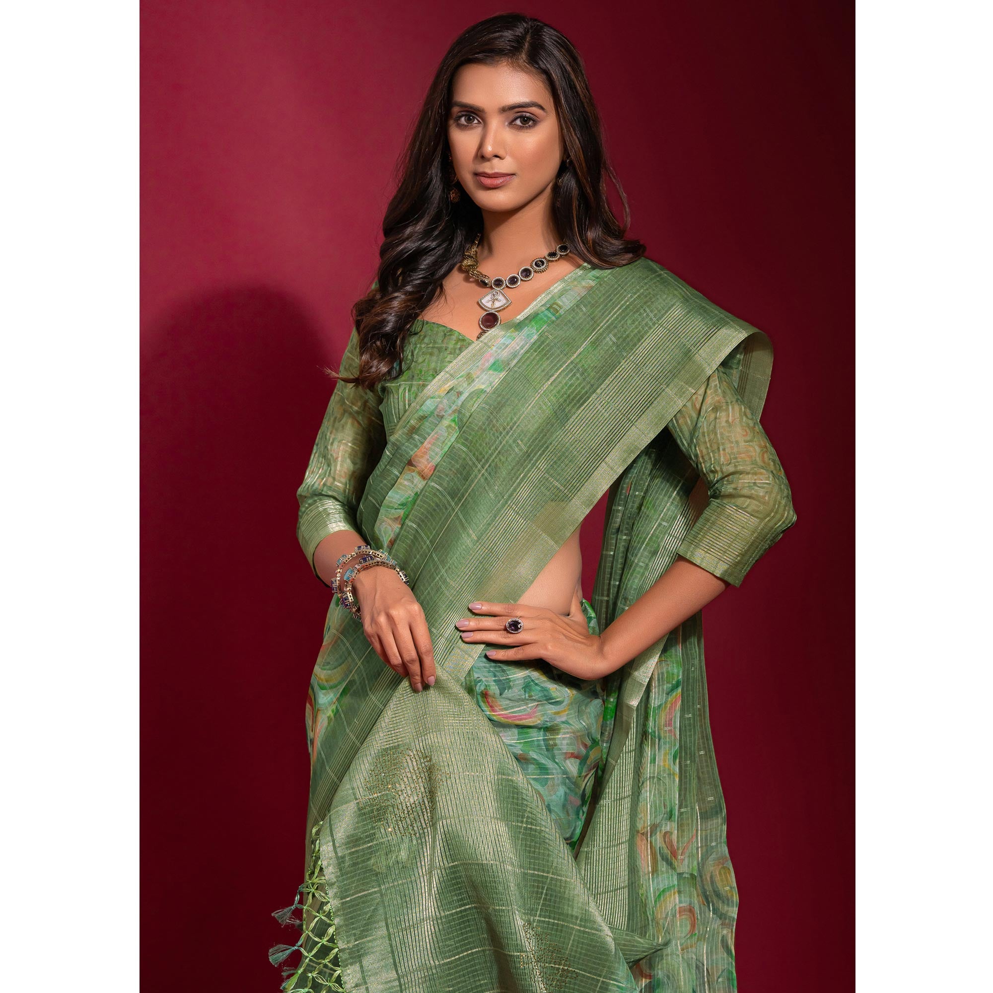 Green Digital Printed With Zari Work Linen Saree