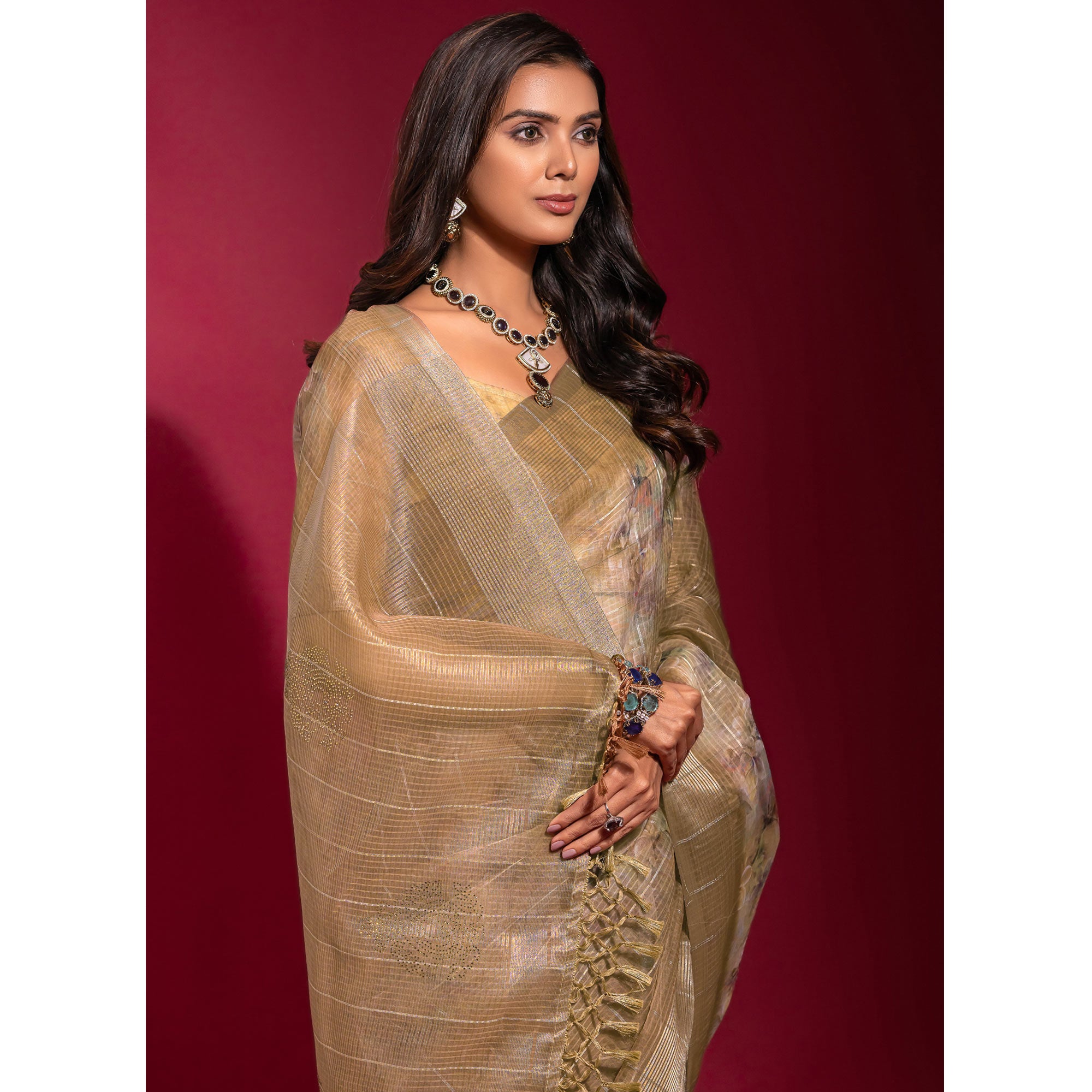 Brown Digital Printed With Zari Work Linen Saree