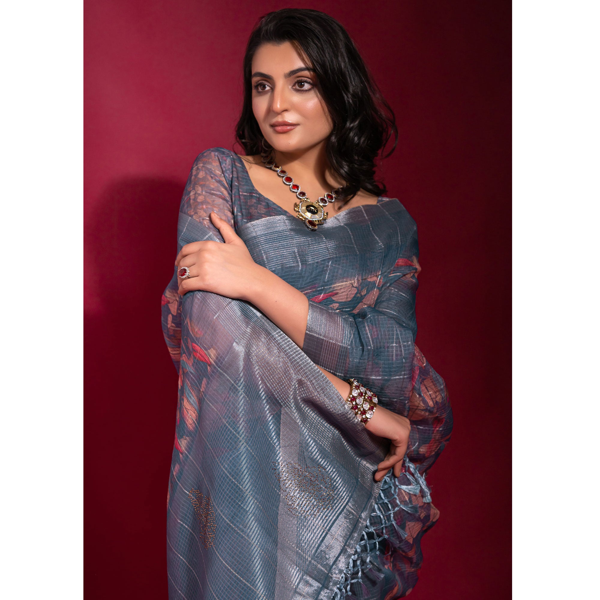 Blue Digital Printed With Zari Work Linen Saree