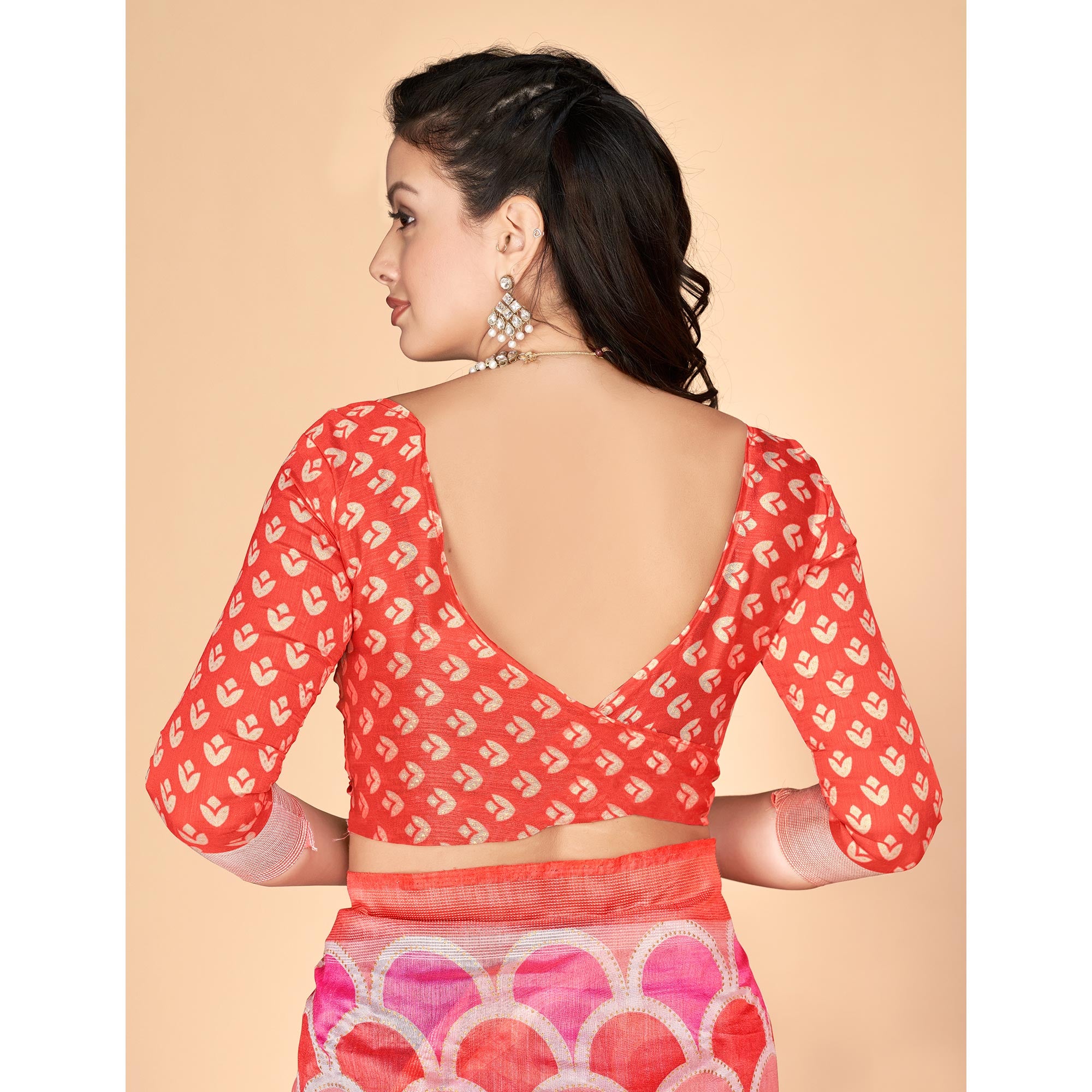 Salmon Pink Printed Tussar Silk Saree