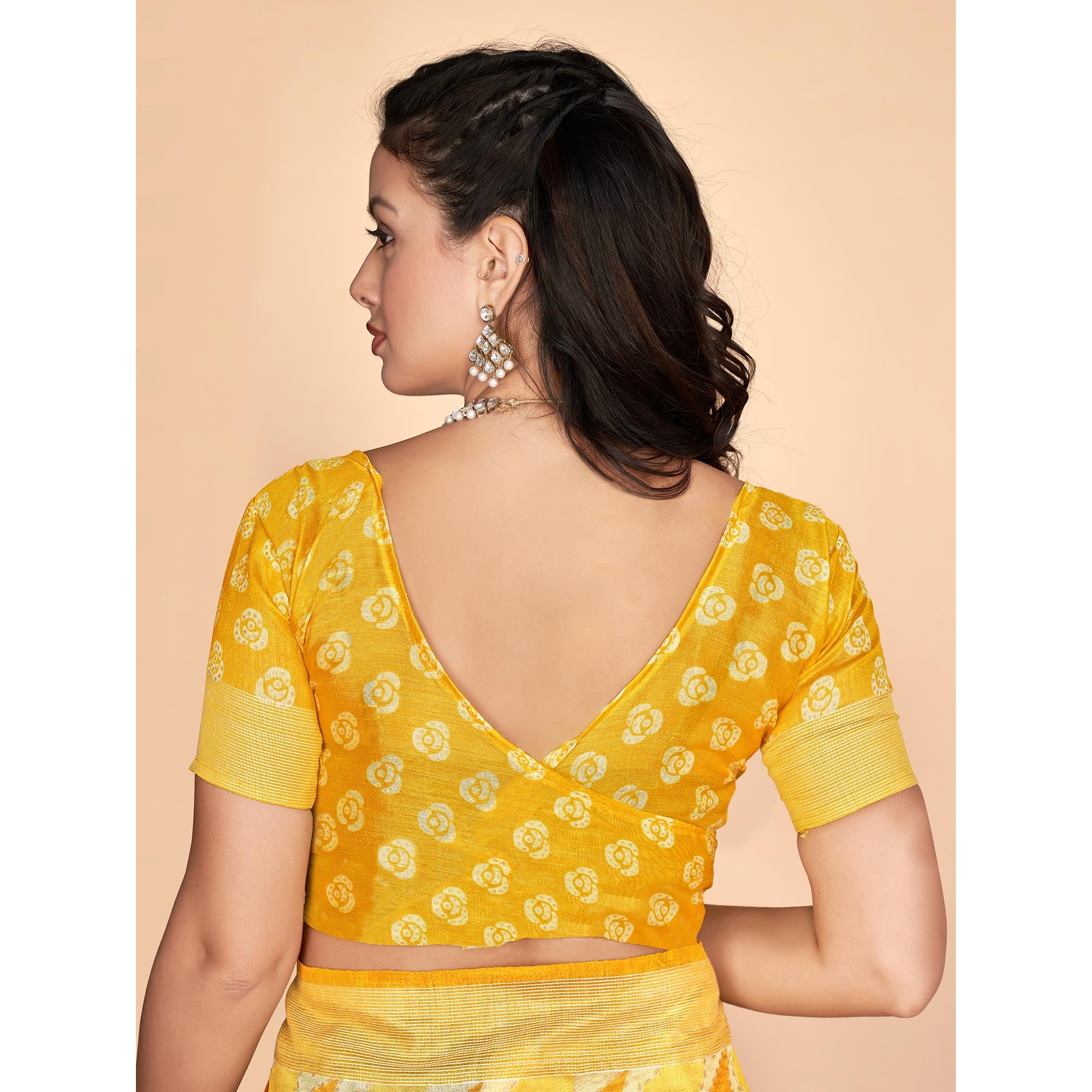 Yellow Printed Tussar Silk Saree