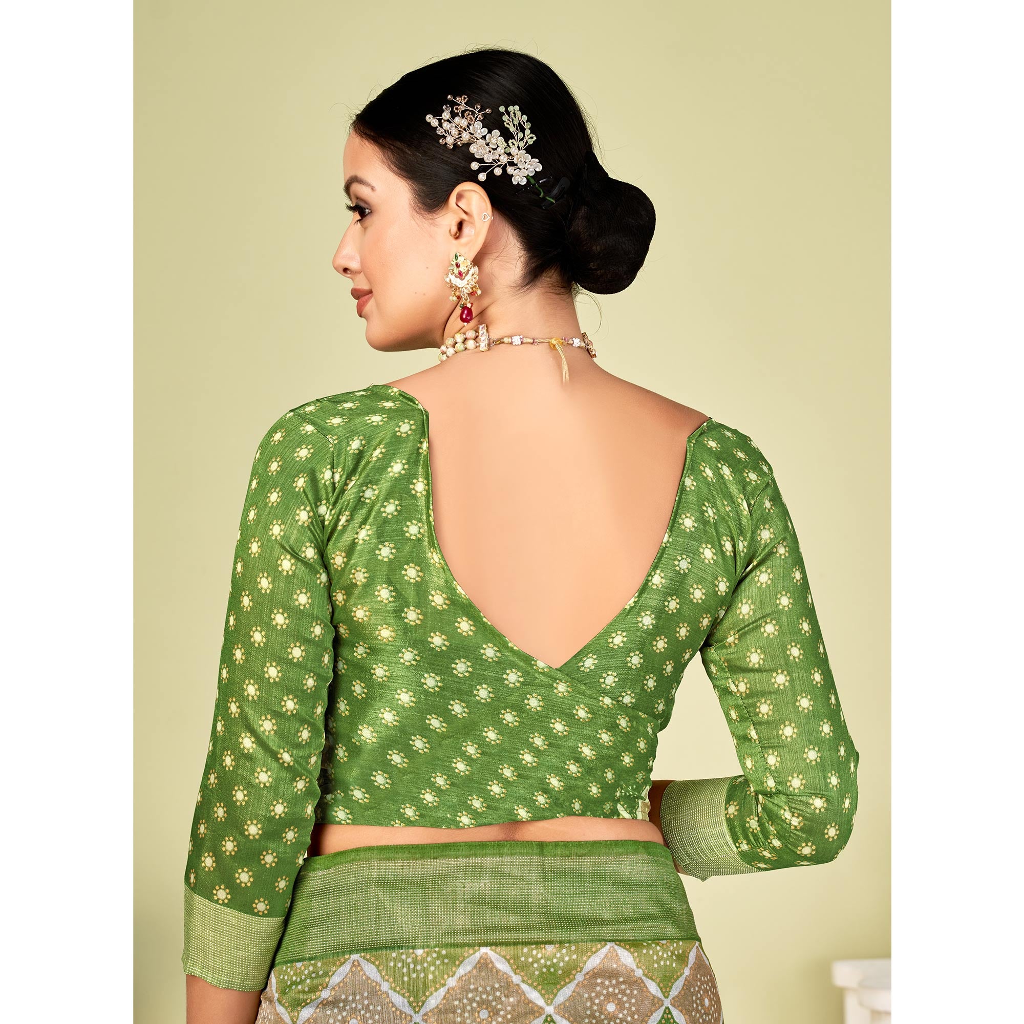 Olive Green Printed Tussar Silk Saree