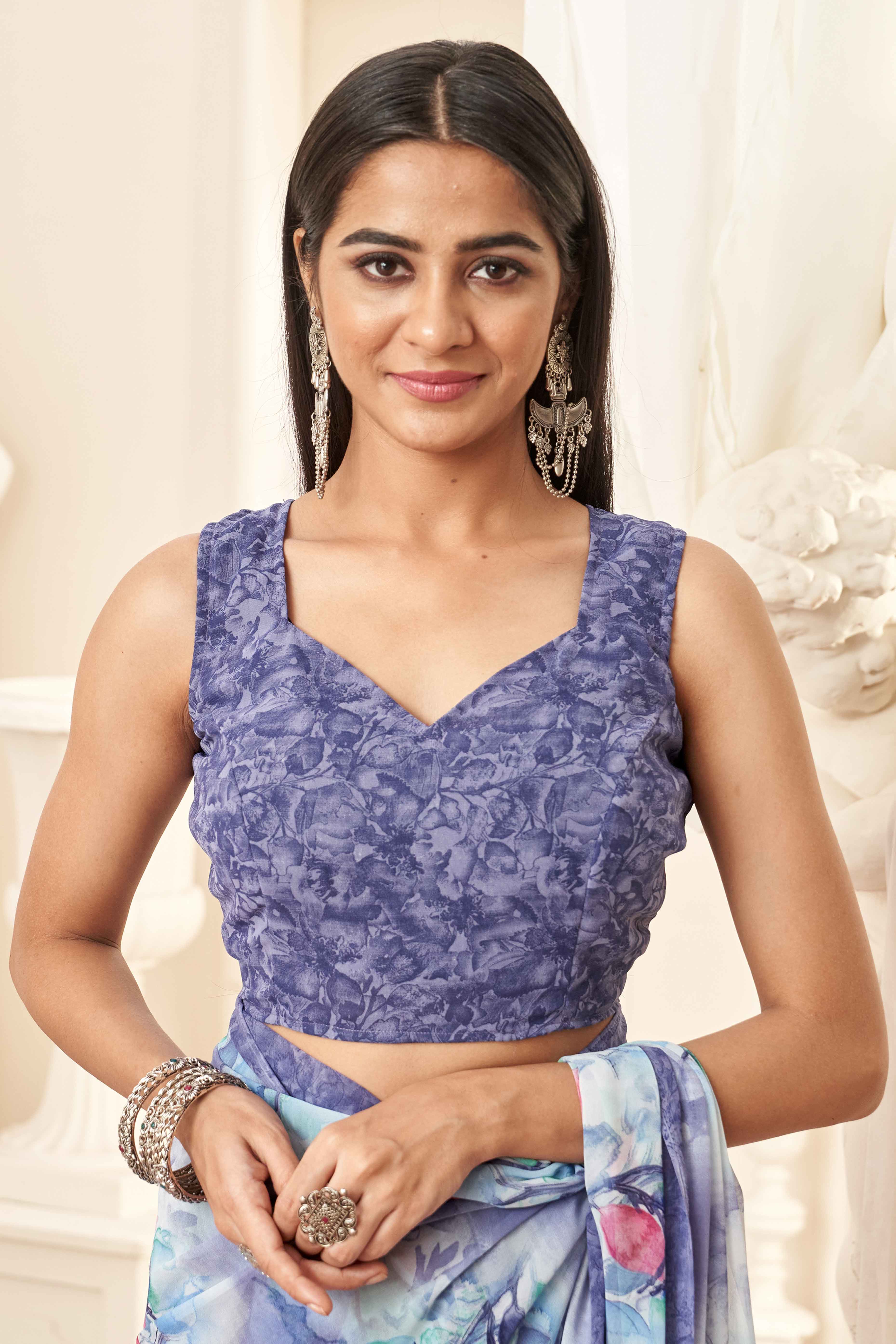 Greyish Blue Georgette Saree With Delicate Floral Print