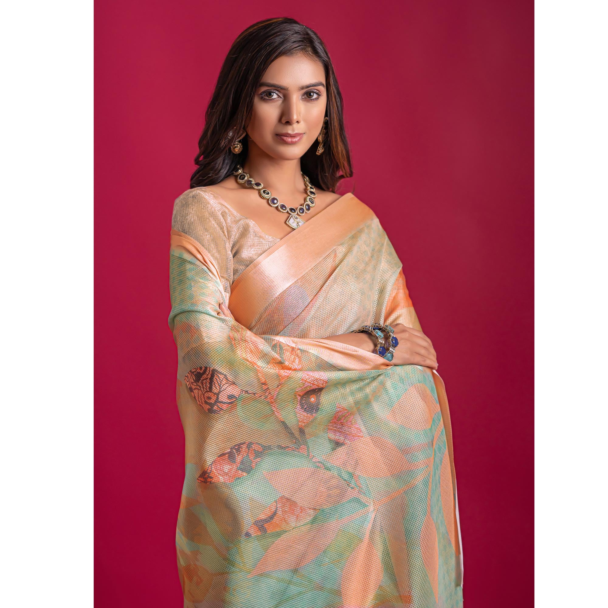 Peach Floral Digital Printed Linen Saree With Woven Border