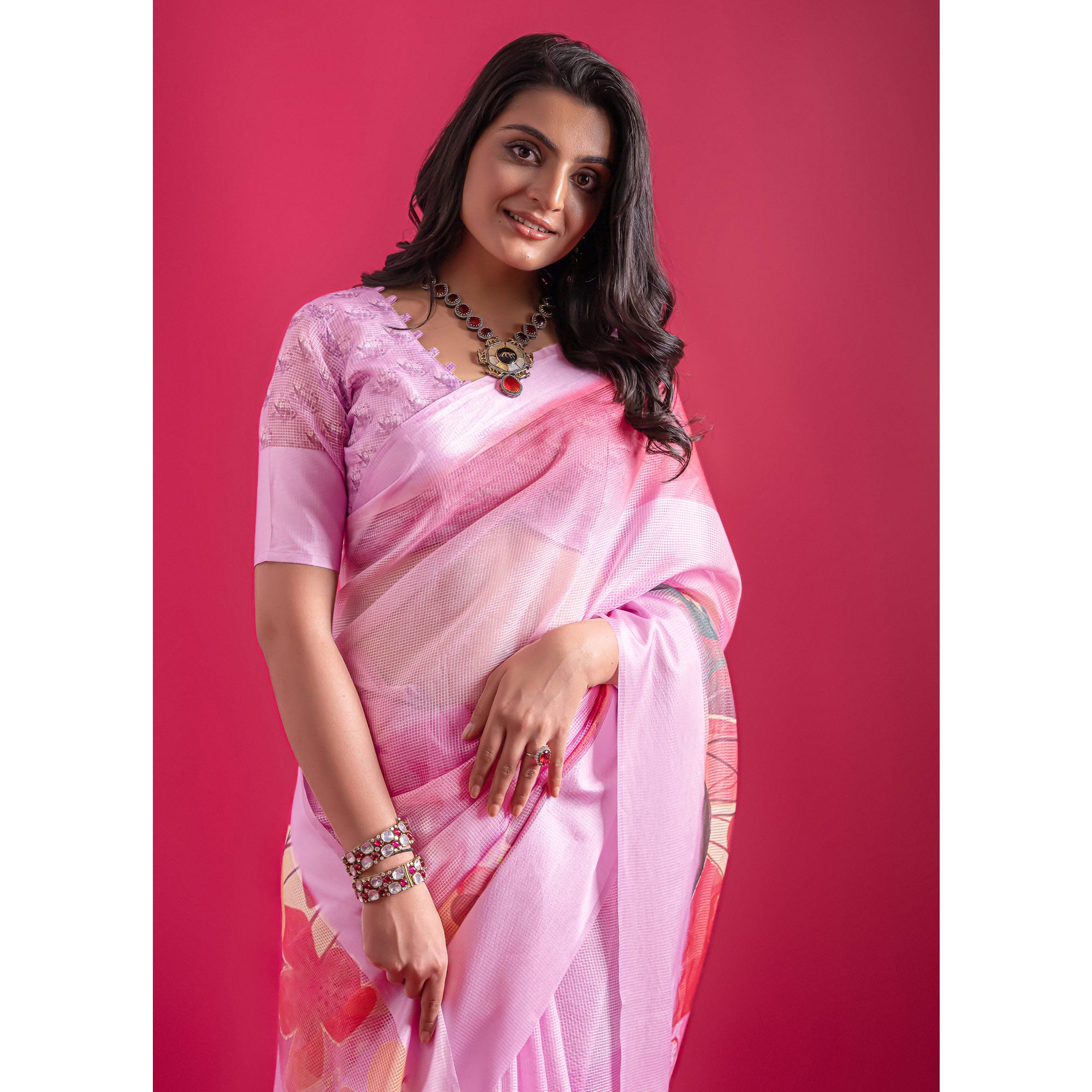Pink Floral Digital Printed Linen Saree With Woven Border