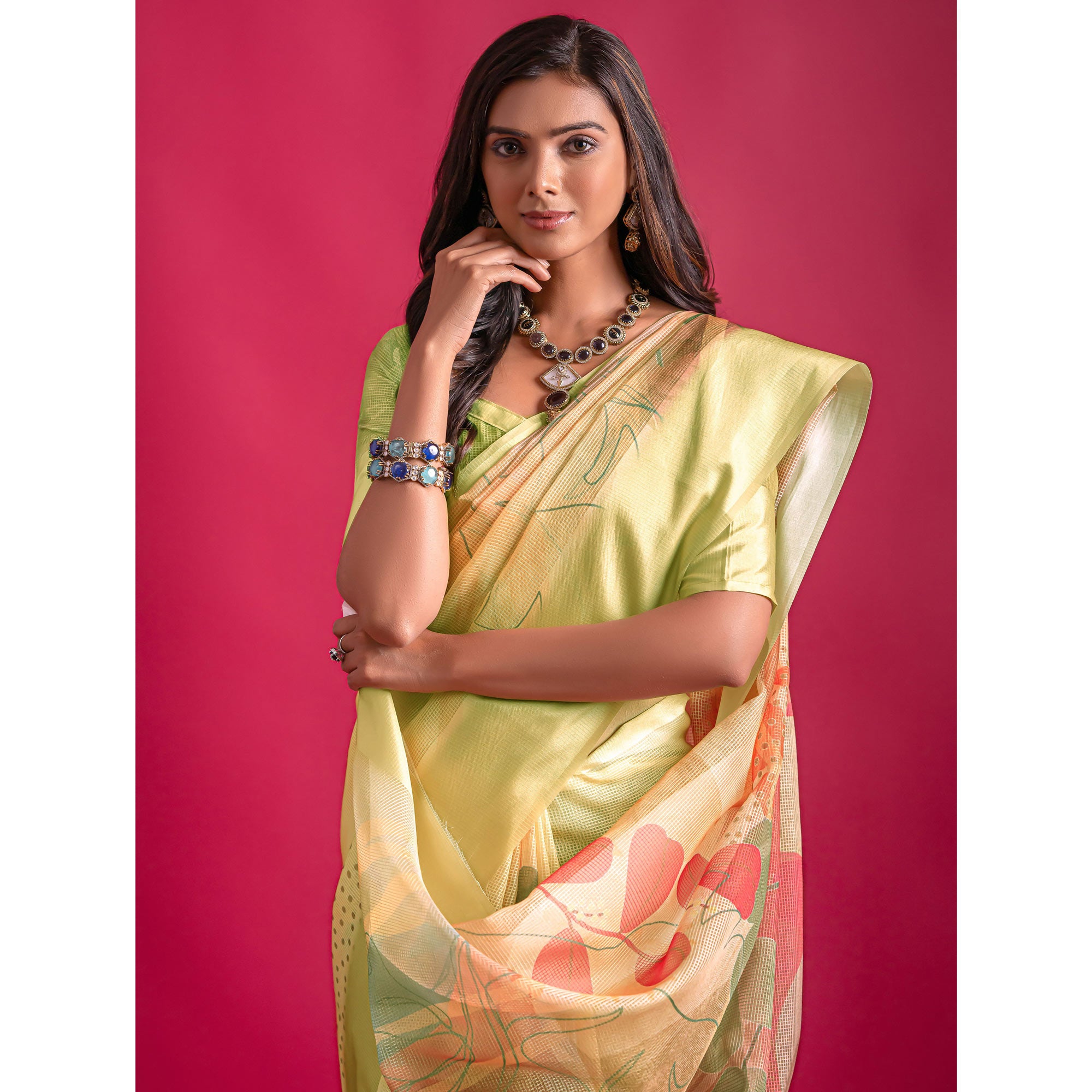 Yellow Floral Digital Printed Linen Saree With Woven Border